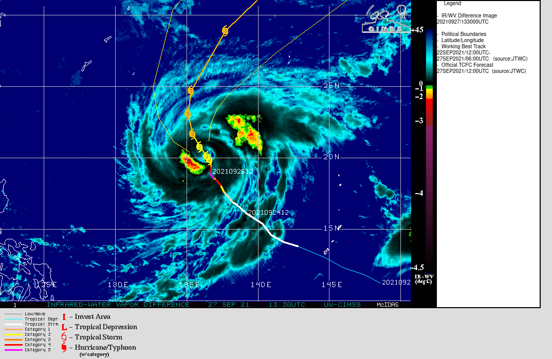 SATELLITE ANALYSIS, INITIAL POSITION AND INTENSITY DISCUSSION: TY 20W HAS COMPLETED OR NEARLY COMPLETED AN EYEWALL REPLACEMENT CYCLE, WITH A 270700Z SSMIS 89GHZ MICROWAVE IMAGE CONFIRMING THE DISSIPATION OF THE INNER EYEWALL AND THE DEVELOPMENT OF A MUCH LARGER, BUT FRAGMENTED EYEWALL ABOUT 140 KM FROM THE CENTER. ANIMATED ENHANCED INFRARED (EIR) SATELLITE IMAGERY AT THE 1200Z DEPICTS DEEP CONVECTION DEVELOPING IN THE WESTERN PORTION OF THE OUTER EYEWALL, AND THE EYEWALL DIAMETER BEGINNING TO CONSTRICT ONCE MORE. THE PRESENCE OF DEEP CONVECTION IN THE EYEWALL FOR THE FIRST TIME IN ABOUT 36 HOURS LIKELY MEANS THAT THE SYSTEM IS MOVING OUT OF THE COLD POOL OF UPWELLED WATER AND INTO MORE FAVORABLE OCEANOGRAPHIC CONDITIONS. NOW THAT THE ERC HAS EVIDENTLY FINISHED, THE SYSTEM HAS LIKELY REACHED THE BOTTOM OF THE INTENSITY BARREL. THE INITIAL POSITION IS PLACED WITH HIGH CONFIDENCE BASED ON THE BROAD EYE FEATURE IN THE EIR AND AMONGST THE TIGHTLY CLUSTERED AGENCY FIX POSITIONS. THE INITIAL INTENSITY IS ASSESSED AT 90 KNOTS/CAT 2 WITH HIGH CONFIDENCE BASED ON THE CONGRUENCE OF AGENCY CURRENT INTENSITY ESTIMATES WHICH ALIGN NICELY WITH THE ADT AND SATCON ESTIMATES. ENVIRONMENTAL CONDITIONS ARE IMPROVING NOW THAT THE SYSTEM IS MOVING AWAY FROM THE COLD POOL. WHILE OHC VALUES ON THE ROAD AHEAD ARE NOTHING TO WRITE HOME ABOUT, THEY ARE FAVORABLE, ESPECIALLY FOR A SYSTEM THAT IS MOVING STEADILY DOWN TRACK. OTHERWISE THE ENVIRONMENT REMAINS FAVORABLE FOR DEVELOPMENT.