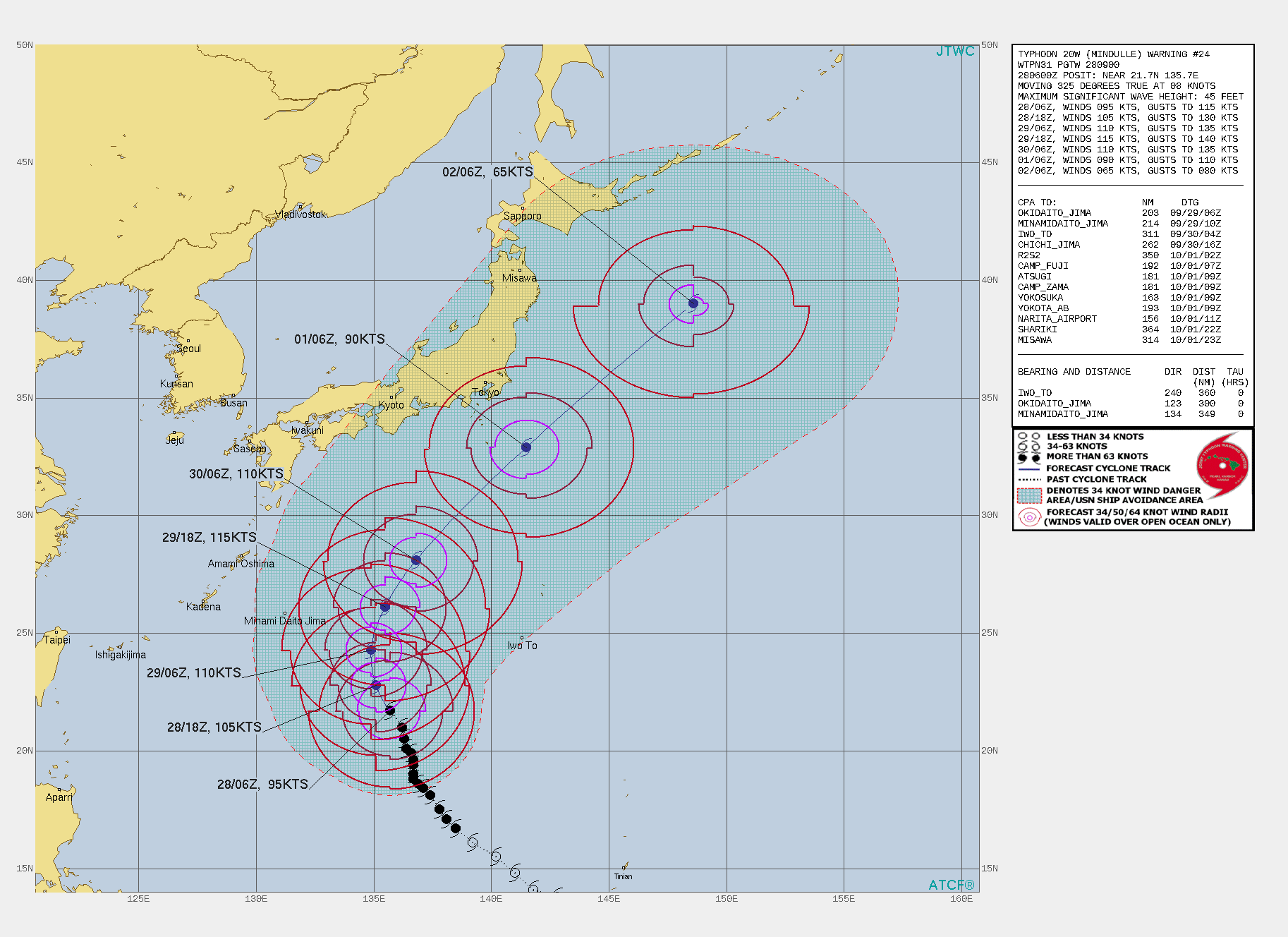 SIGNIFICANT FORECAST CHANGES: THERE ARE NO SIGNIFICANT CHANGES TO THE FORECAST FROM THE PREVIOUS WARNING. HOWEVER THE FORECAST HAS BEEN TRUNCATED TO 96 HOURS DUE TO EXTRA-TROPICAL TRANSITION.   FORECAST DISCUSSION: THE MAJORITY OF GLOBAL MODEL FIELDS AND JMA UPPER-LEVEL ANALYSIS CHARTS INDICATE THAT THE BLOCKING RIDGE TO THE NORTH HAS ERODED AND RETREATED WESTWARD, AND THUS THE SUBTROPICAL RIDGE(STR) TO THE SOUTHEAST HAS BECOME THE DOMINANT STEERING MECHANISM. THUS, TY 20W HAS STARTED MOVING NORTHWEST AT A FAIR CLIP OVER THE PAST SIX HOURS. IT IS FORECAST TO CONTINUE TO ACCELERATE, SLOWLY AT FIRST, THEN AT A GRADUALLY INCREASING PACE, THROUGH THE NEXT 24 TO 36 HOURS. AS THE RIDGE TO THE EAST REORIENTS TO A NORTH-SOUTH AXIS, TY 20W WILL IN RESPONSE TURN NORTHWARD. THE SYSTEM THEN TURNS NORTHEAST AND ACCELERATES SHARPLY AFTER 36H AHEAD OF A MID-LATITUDE TROUGH RAPIDLY APPROACHING FROM THE WEST. A SURFACE LOW AND COLD FRONT ASSOCIATED WITH THIS MID-LATITUDE SYSTEM WILL DRAG ACROSS THE SEA OF JAPAN AND LIE ROUGHLY ALONG CENTRAL HONSHU BY 48H. BY 72H, TY 20W WILL APPROACH AND BEGIN INTERACTING WITH THIS BAROCLINIC ZONE AT THE SURFACE, AND START TO BECOME ABSORBED UNDER THE ASSOCIATED UPPER-LEVEL TROUGH, MARKING THE START OF EXTRA-TROPICAL TRANSITION (ETT). BY 84H THE SYSTEM SHOWS MARKED THERMAL ADVECTION WITH STRONG, COLD, DRY, NORTHWESTERLY WINDS PUSHING SOUTH FROM HONSHU AND WRAPPING INTO THE CORE OF THE SYSTEM. THE ETT PROCESS IS FORECAST TO BE COMPLETE BY 96H WITH THE SYSTEM DEVELOPING WELL-DEFINED COLD AND WARM FRONTS AND EMBEDDED UNDER A 500 MB LOW HEIGHT CENTER. WHILE THE TRACK IS FORECAST TO REMAIN OFFSHORE AND BE UNDERGOING ETT AS IT PASSES YOKOSUKA, STRONG GALE FORCE WINDS CAN BE EXPECTED OVER EASTERN HONSHU, PARTICULARLY AS THE SYSTEM PASSES AND THE STRONG GRADIENT-INDUCED WINDS BETWEEN TY 20W AND THE TRANSIENT HIGH PRESSURE SYSTEM MOVING IN BEHIND THE SYSTEM DEVELOP OVER EAST-CENTRAL HONSHU.