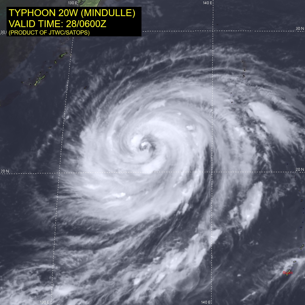 SATELLITE ANALYSIS, INITIAL POSITION AND INTENSITY DISCUSSION: TY 20W SEEMS TO STILL BE STRUGGLING TO REINTENISFY AFTER BEING KNOCKED LOW BY THE RECENT EYEWALL REPLACEMENT CYCLE (ERC) AND THE EFFECTS OF UPWELLING.  ANIMATED MULTISPECTRAL SATELLITE IMAGERY (MSI) DEPICTS A RAGGED, ROUGHLY 55 KM WIDE EYE, THOUGH BOTH THE SUBJECTIVE AND OBJECTIVE FIXES ARE BEGINNING TO SCATTER AS THEY STRUGGLE TO LOCATE A PRECISE CENTER. A PICTURESQUE 280409Z AMSR2 89GHZ MICROWAVE IMAGE SHOWED AN INNER BAND OF WEAK CONVECTION IN THE MIDDLE OF A QUITE LARGE OUTER BAND OF MORE SIGNIFICANT CONVECTION. LATER ENHANCED INFRARED IMAGERY SHOWS DEEP CONVECTION AND VERTICAL HOT TOWERS FLARING UP ON THE UPSHEAR (SOUTHWEST) SIDE OF THIS OUTER BAND AND WRAPPING CLOSER TO THE CORE, POSSIBLY INDICATING THAT FINALLY, THE CORE MAY START CONSTRICTING ONCE MORE AND START THE LONG-AWAITED REINTENSIFICATION. THE INITIAL POSITION, DUE TO THE RAGGED NATURE OF THE EYE, IS ASSESSED WITH ONLY MEDIUM CONFIDENCE. THE INITIAL INTENSITY REMAINS ASSESSED AT 95 KNOTS/CAT 2 WITH MEDIUM CONFIDENCE JUST SLIGHTLY BELOW THE ADT AND SATCON AND AT THE MEDIAN OF THE AGENCY CURRENT INTENSITY ESTIMATES, THOUGH THE AGENCY DATA-T NUMBERS WERE FAR LOWER, WITH PGTW AND KNES AT T4.5. THE SYSTEM IS NOW MOVING NORTHWEST AT ABOUT 15 KM/H, TAKING IT OVER A BETTER OCEANOGRAPHIC ENVIRONMENT AND AWAY FROM THE COLD POOL. OTHERWISE THE ENVIRONMENT IS VERY FAVORABLE, WITH LOW SHEAR, AND ROBUST RADIAL OUTFLOW. THE INITIAL WIND RADII HAVE BEEN ADJUSTED ABOUT 20 PERCENT LARGER BASED ON A THE AMSR2 WINDSPEED PRODUCT FROM 280409Z. SATELLITE ANALYSIS, INITIAL POSITION AND INTENSITY DISCUSSION: TY 20W SEEMS TO STILL BE STRUGGLING TO REINTENISFY AFTER BEING KNOCKED LOW BY THE RECENT EYEWALL REPLACEMENT CYCLE (ERC) AND THE EFFECTS OF UPWELLING.  ANIMATED MULTISPECTRAL SATELLITE IMAGERY (MSI) DEPICTS A RAGGED, ROUGHLY 55 KM WIDE EYE, THOUGH BOTH THE SUBJECTIVE AND OBJECTIVE FIXES ARE BEGINNING TO SCATTER AS THEY STRUGGLE TO LOCATE A PRECISE CENTER. A PICTURESQUE 280409Z AMSR2 89GHZ MICROWAVE IMAGE SHOWED AN INNER BAND OF WEAK CONVECTION IN THE MIDDLE OF A QUITE LARGE OUTER BAND OF MORE SIGNIFICANT CONVECTION. LATER ENHANCED INFRARED IMAGERY SHOWS DEEP CONVECTION AND VERTICAL HOT TOWERS FLARING UP ON THE UPSHEAR (SOUTHWEST) SIDE OF THIS OUTER BAND AND WRAPPING CLOSER TO THE CORE, POSSIBLY INDICATING THAT FINALLY, THE CORE MAY START CONSTRICTING ONCE MORE AND START THE LONG-AWAITED REINTENSIFICATION. THE INITIAL POSITION, DUE TO THE RAGGED NATURE OF THE EYE, IS ASSESSED WITH ONLY MEDIUM CONFIDENCE. THE INITIAL INTENSITY REMAINS ASSESSED AT 95 KNOTS/CAT 2 WITH MEDIUM CONFIDENCE JUST SLIGHTLY BELOW THE ADT AND SATCON AND AT THE MEDIAN OF THE AGENCY CURRENT INTENSITY ESTIMATES, THOUGH THE AGENCY DATA-T NUMBERS WERE FAR LOWER, WITH PGTW AND KNES AT T4.5. THE SYSTEM IS NOW MOVING NORTHWEST AT ABOUT 15 KM/H, TAKING IT OVER A BETTER OCEANOGRAPHIC ENVIRONMENT AND AWAY FROM THE COLD POOL. OTHERWISE THE ENVIRONMENT IS VERY FAVORABLE, WITH LOW SHEAR, AND ROBUST RADIAL OUTFLOW. THE INITIAL WIND RADII HAVE BEEN ADJUSTED ABOUT 20 PERCENT LARGER BASED ON A THE AMSR2 WINDSPEED PRODUCT FROM 280409Z.