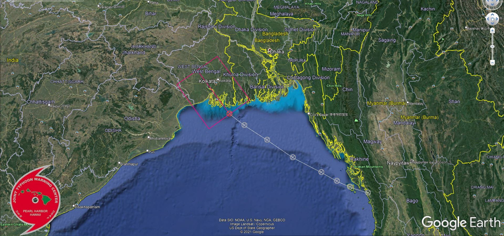 THE AREA OF CONVECTION (INVEST 98B) PREVIOUSLY LOCATED  NEAR 21.3N 89.0E IS NOW LOCATED NEAR 21.3N 88.9E, APPROXIMATELY 147 KM SOUTH-SOUTHEAST OF KOLKATA. ANIMATED MULTISPECTRAL SATELLITE  IMAGERY (MSI) SHOWS THAT INVEST 98B CONTINUES TO RAPIDLY  CONSOLIDATE, WITH BANDS OF DEEP CONVECTION NOW WRAPPING INTO A WELL- DEFINED CENTER JUST OFFSHORE SOUTH OF KOLKATA, INDIA. ANIMATED RADAR  DATA FROM INDIA INDICATES THE PRESENCE OF A WELL-DEFINED LOW LEVEL  CIRCULATION CENTER (LLCC) WITH MODERATE TO STRONG CONVECTIVE BANDS,  PARTICULARLY ON THE SOUTHEAST SIDE, WRAPPING INTO AND AROUND THE  LLCC. SIMILARLY AT 280726Z AMSR2 89 GHZ MICROWAVE IMAGE SHOWS  DEVELOPMENTAL BANDING WRAPPING INTO THE CENTER DEFINED BY A LOW  EMISSIVITY REGION. A PREVIOUS 280246Z ASCAT-B AND 280314Z ASCAT-C  PASS INDICATED 30-35 KNOT WINDS WITH SOME HIGHER WINDS UNDER DEEP  CONVECTION IN THE EASTERN SEMICIRCLE, THOUGH WINDS IN THE REMAINDER  OF THE CIRCULATION WERE 25 KNOTS OR LESS. THE ENVIRONMENT IS  FAVORABLE FOR DEVELOPMENT, WITH AN ANTICYCLONE ALOFT JUST TO THE  NORTHEAST PROVIDING GOOD RADIAL OUTFLOW AND LOW VERTICAL WIND SHEAR.  SSTS REMAIN VERY WARM. WHILE THE SYSTEM IS CURRENTLY MOVING ONSHORE,  IT WILL DO SO OVER A REGION OF SWAMPY GROUND IN A RIVER DELTA. THUS  INTENSIFICATION OVER LAND IS A DISTINCT POSSIBILITY.  MAXIMUM  SUSTAINED SURFACE WINDS ARE ESTIMATED AT 28 TO 34 KNOTS. MINIMUM SEA  LEVEL PRESSURE IS ESTIMATED TO BE NEAR 1000 MB. THE POTENTIAL FOR  THE DEVELOPMENT OF A SIGNIFICANT TROPICAL CYCLONE WITHIN THE NEXT 24  HOURS IS UPGRADED TO HIGH. THE AREA OF CONVECTION (INVEST 98B) PREVIOUSLY LOCATED  NEAR 21.3N 89.0E IS NOW LOCATED NEAR 21.3N 88.9E, APPROXIMATELY 147 KM SOUTH-SOUTHEAST OF KOLKATA. ANIMATED MULTISPECTRAL SATELLITE  IMAGERY (MSI) SHOWS THAT INVEST 98B CONTINUES TO RAPIDLY  CONSOLIDATE, WITH BANDS OF DEEP CONVECTION NOW WRAPPING INTO A WELL- DEFINED CENTER JUST OFFSHORE SOUTH OF KOLKATA, INDIA. ANIMATED RADAR  DATA FROM INDIA INDICATES THE PRESENCE OF A WELL-DEFINED LOW LEVEL  CIRCULATION CENTER (LLCC) WITH MODERATE TO STRONG CONVECTIVE BANDS,  PARTICULARLY ON THE SOUTHEAST SIDE, WRAPPING INTO AND AROUND THE  LLCC. SIMILARLY AT 280726Z AMSR2 89 GHZ MICROWAVE IMAGE SHOWS  DEVELOPMENTAL BANDING WRAPPING INTO THE CENTER DEFINED BY A LOW  EMISSIVITY REGION. A PREVIOUS 280246Z ASCAT-B AND 280314Z ASCAT-C  PASS INDICATED 30-35 KNOT WINDS WITH SOME HIGHER WINDS UNDER DEEP  CONVECTION IN THE EASTERN SEMICIRCLE, THOUGH WINDS IN THE REMAINDER  OF THE CIRCULATION WERE 25 KNOTS OR LESS. THE ENVIRONMENT IS  FAVORABLE FOR DEVELOPMENT, WITH AN ANTICYCLONE ALOFT JUST TO THE  NORTHEAST PROVIDING GOOD RADIAL OUTFLOW AND LOW VERTICAL WIND SHEAR.  SSTS REMAIN VERY WARM. WHILE THE SYSTEM IS CURRENTLY MOVING ONSHORE,  IT WILL DO SO OVER A REGION OF SWAMPY GROUND IN A RIVER DELTA. THUS  INTENSIFICATION OVER LAND IS A DISTINCT POSSIBILITY.  MAXIMUM  SUSTAINED SURFACE WINDS ARE ESTIMATED AT 28 TO 34 KNOTS. MINIMUM SEA  LEVEL PRESSURE IS ESTIMATED TO BE NEAR 1000 MB. THE POTENTIAL FOR  THE DEVELOPMENT OF A SIGNIFICANT TROPICAL CYCLONE WITHIN THE NEXT 24  HOURS IS UPGRADED TO HIGH.