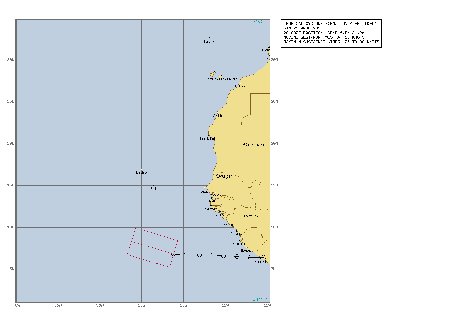 FORMATION OF A SIGNIFICANT TROPICAL CYCLONE IS POSSIBLE  WITHIN 100 NM EITHER SIDE OF A LINE FROM 6.8N 21.2W TO 8.3N 26.2W  WITHIN THE NEXT 24 HOURS. AVAILABLE DATA DOES NOT JUSTIFY ISSUANCE OF NUMBERED TROPICAL CYCLONE WARNINGS AT THIS TIME. WINDS IN THE AREA ARE ESTIMATED TO BE 25 TO 30 KNOTS. METSAT IMAGERY AT 281800Z INDICATES THAT A CIRCULATION CENTER IS LOCATED NEAR 6.8N 21.2W. THE SYSTEM IS MOVING WEST-NORTHWEST AT 8-12 KNOTS. 2. REMARKS: A BROAD AREA OF LOW PRESSURE LOCATED OVER THE FAR  EASTERN ATLANTIC, SEVERAL HUNDRED MILES SOUTH-SOUTHEAST OF THE CABO VERDE ISLANDS, IS PRODUCING A LARGE AREA OF SHOWERS AND  THUNDERSTORMS. THIS SHOWER ACTIVITY IS GRADUALLY BECOMING BETTER ORGANIZED AND A TROPICAL DEPRESSION IS EXPECTED TO FORM IN THE NEXT 24 HOURS.
