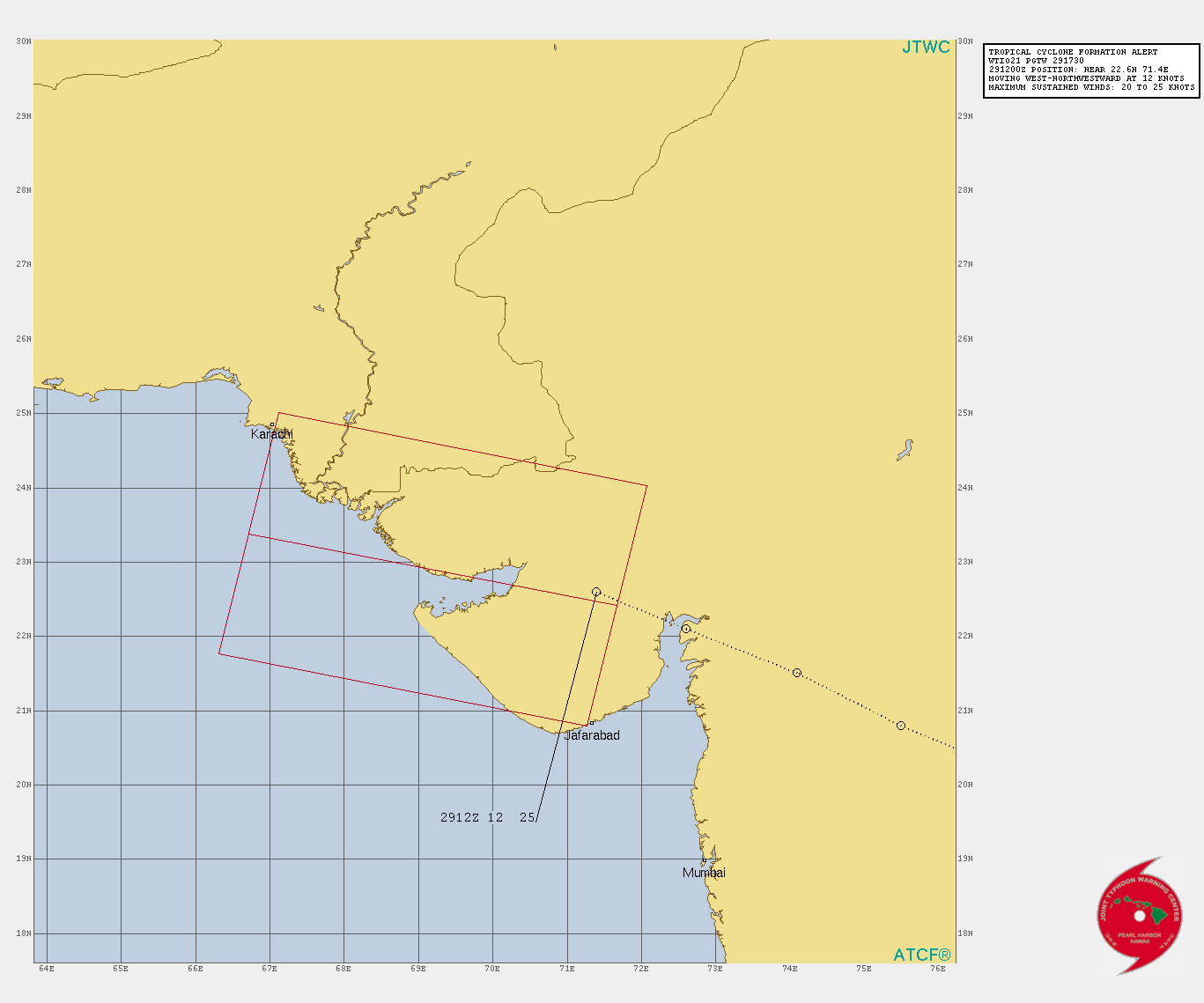 THE AREA OF CONVECTION (REMNANTS OF TC 03B) PREVIOUSLY  LOCATED NEAR 22.1N 72.4E IS NOW LOCATED NEAR 22.6N 71.4E,  APPROXIMATELY 190 KM NORTH OF JAFARABAD, INDIA. ANIMATED ENHANCED  INFRARED (EIR) SATELLITE IMAGERY AND A 291314Z SSMIS 91GHZ SATELLITE  IMAGE DEPICT FORMATIVE BAND OF DEEP CONVECTION DEVELOPING ALONG THE  WESTERN PERIPHERY OF A LOW LEVEL CIRCULATION CENTER AT THE EDGE OF  THE INDIAN SHORELINE. ENVIRONMENTAL ANALYSIS INDICATES AN OVERALL  FAVORABLE ENVIRONMENT CHARACTERIZED BY VERY WARM (30-31C) SEA  SURFACE TEMPERATURES (SST) AND AN UPPER LEVEL ANTICYCLONE THAT IS  ENHANCING EQUATORWARD OUTFLOW. THE CIRCULATION ALSO IS MOVING  TOWARDS AN AREA OF LOW VERTICAL WIND SHEAR (VWS). MAXIMUM SUSTAINED SURFACE WINDS ARE ESTIMATED AT 20  TO 25 KNOTS. MINIMUM SEA LEVEL PRESSURE IS ESTIMATED TO BE NEAR 1001  MB. THE POTENTIAL FOR THE DEVELOPMENT OF A SIGNIFICANT TROPICAL  CYCLONE WITHIN THE NEXT 24 HOURS IS UPGRADED TO HIGH.