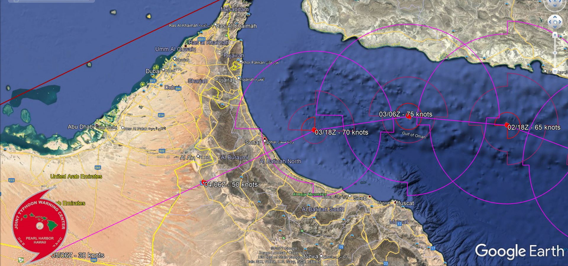 FORECAST LANDFALL AREA NEAR SOHAR/OMAN SHORTLY AFTER 03/18UTC AS A 70KNOT CYCLONE/CAT 1.