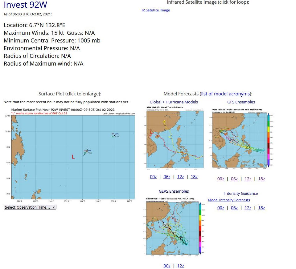 AN AREA OF CONVECTION (INVEST 92W) HAS PERSISTED NEAR 6.4N  133.8E, APPROXIMATELY 915 KM EAST OF DAVAO. ANIMATED VISIBLE IMAGERY  INDICATES A BROAD AND DISORGANIZED AREA OF ROTATION WITH FLARING  CONVECTION. A 020148Z ASCAT-C PASS SHOWED NO ROTATION AT THE  SURFACE. THERE IS CURRENTLY LOW CONFIDENCE IN THE POSITION, AS THE  ASSOCIATED ROTATION IS MOSTLY CONFINED TO THE MIDDLE-LEVELS OF THE  ATMOSPHERE. INVEST 92W IS NOT EXPECTED TO REACH TROPICAL DEPRESSION  STRENGTH WITHIN THE NEXT 24 HOURS. HOWEVER, DETERMINISTIC AND  ENSEMBLE MODELS AGREE 92W WILL INTENSIFY BEFORE REACHING THE  PHILIPPINES WITHIN THE NEXT 36 TO 48 HOURS. MAXIMUM SUSTAINED  SURFACE WINDS ARE ESTIMATED AT 10 TO 15 KNOTS. MINIMUM SEA LEVEL  PRESSURE IS ESTIMATED TO BE NEAR 1006 MB. THE POTENTIAL FOR THE  DEVELOPMENT OF A SIGNIFICANT TROPICAL CYCLONE WITHIN THE NEXT 24  HOURS IS UPGRADED TO LOW.