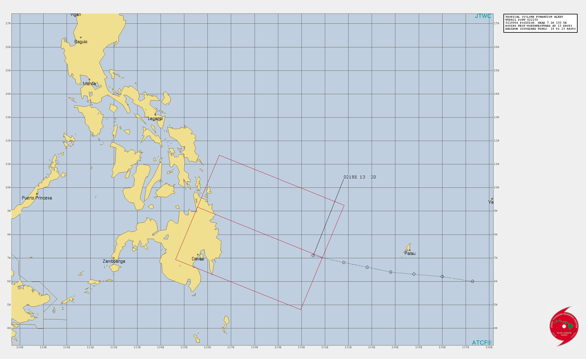 THE AREA OF CONVECTION (INVEST 92W) PREVIOUSLY LOCATED  NEAR 6.8N 131.8E IS NOW LOCATED NEAR 7.1N 130.5E, APPROXIMATELY 1330 KM SOUTHEAST OF MANILA, PHILIPPINES. ANIMATED MULTISPECTRAL  SATELLITE IMAGERY (MSI) AND A 022012Z SSMIS 91 GHZ MICROWAVE IMAGE  SHOW DEEP CONVECTION OFFSET TO THE WEST OF A LOW LEVEL CIRCULATION  CENTER. ENVIRONMENTAL ANALYSIS INDICATES FAVORABLE CONDITIONS FOR  DEVELOPMENT, WITH ROBUST EQUATORWARD OUTFLOW, LOW (10-15 KTS)  VERTICAL WIND SHEAR (VWS), AND WARM (30-31 C) SEA SURFACE  TEMPERATURES (SST). NUMERICAL MODELS ARE IN GENERAL AGREEMENT THAT  92W WILL TRACK WEST-NORTHWESTWARD AND SLIGHTLY INTENSIFY TO A SMALL  TROPICAL DEPRESSION OVER THE NEXT 24 HOURS. MAXIMUM SUSTAINED  SURFACE WINDS ARE ESTIMATED AT 18 TO 23 KNOTS. MINIMUM SEA LEVEL  PRESSURE IS ESTIMATED TO BE NEAR 1005 MB. THE POTENTIAL FOR THE  DEVELOPMENT OF A SIGNIFICANT TROPICAL CYCLONE WITHIN THE NEXT 24  HOURS IS UPGRADED TO HIGH.