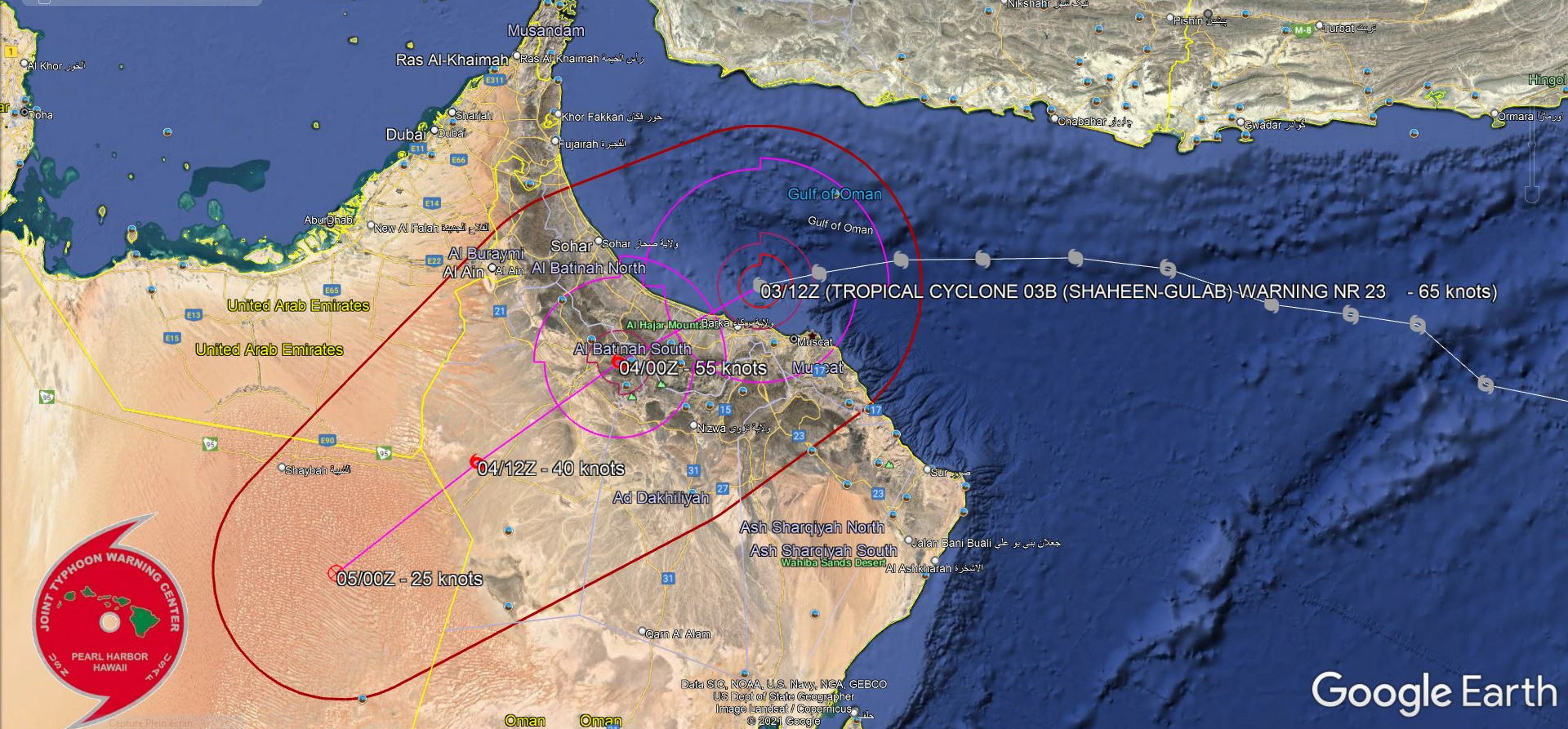 FORECAST REASONING.  SIGNIFICANT FORECAST CHANGES: THERE ARE NO SIGNIFICANT CHANGES TO THE FORECAST FROM THE PREVIOUS WARNING.  FORECAST DISCUSSION: TC 03B WILL TRACK WEST-SOUTHWESTWARD THROUGH THE DURATION OF THE FORECAST. SOME MESOSCALE VARIATION IN TRACK IS EXPECTED AS THE SYSTEM MOVES AROUND THE HIGHER TERRAIN WEST OF MUSCAT, BUT OTHERWISE THE TRACK SHOULD TAKE THE SYSTEM INTO THE EMPTY QUARTER BY 36H. TC 03B IS EXPECTED TO MAKE LANDFALL WITHIN THE NEXT COUPLE OF HOURS NEAR AL SUWAYQ, OMAN. THE SYSTEM IF FORECAST TO MAINTAIN 65-KNOT/CAT 1 INTENSITY THROUGH LANDFALL, BUT ONCE ASHORE WILL RAPIDLY WEAKEN DUE TO TERRAIN INTERACTION AND ULTIMATELY DISSIPATE OVER THE EMPTY QUARTER BY 36H.
