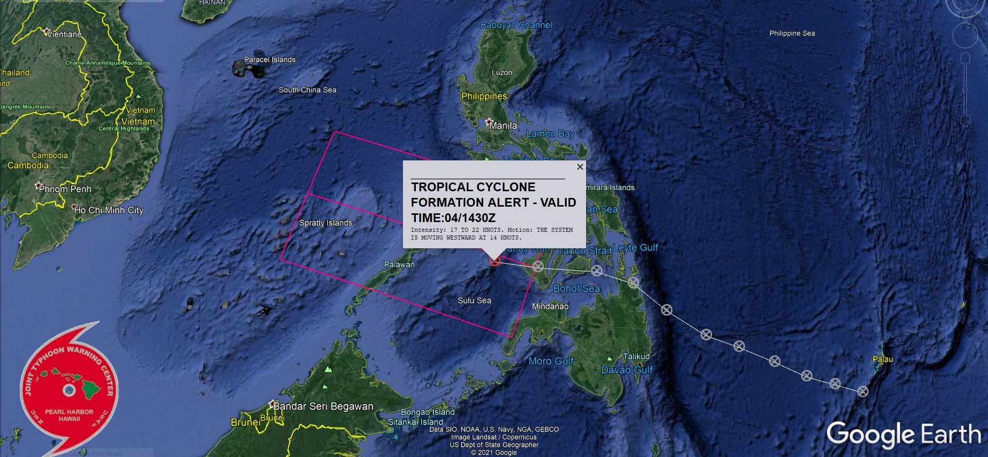 FORMATION OF A SIGNIFICANT TROPICAL CYCLONE IS POSSIBLE WITHIN 230 KM EITHER SIDE OF A LINE FROM 9.8N 121.5E TO 13.4N 116.9E WITHIN THE NEXT 12 TO 24 HOURS. AVAILABLE DATA DOES NOT JUSTIFY ISSUANCE OF NUMBERED TROPICAL CYCLONE WARNINGS AT THIS TIME. WINDS IN THE AREA ARE ESTIMATED TO BE 17 TO 22 KNOTS. METSAT IMAGERY AT 041200Z INDICATES THAT A CIRCULATION CENTER IS LOCATED NEAR 9.8N 121.5E. THE SYSTEM IS MOVING WESTWARD AT 26 KM/H. 2. REMARKS:: THE AREA OF CONVECTION (INVEST 92W) PREVIOUSLY LOCATED  NEAR 7.78N 128.6E IS NOW LOCATED NEAR 9.8N 121.5E, APPROXIMATELY 295  KM EAST OF PUERTO PRINCESA. ANIMATED MULTISPECTRAL IMAGERY AND A  041021Z SSMIS 91GHZ MICROWAVE PASS DEPICT FLARING CONVECTION AROUND  A BROAD LLC. 92W WILL CONTINUE TO TRACK WEST-NORTHWESTWARD INTO AN  ENVIRONMENT OF ROBUST EQUATORWARD OUTFLOW, LOW (5-10KTS) VERTICAL  WIND SHEAR (VWS), AND VERY WARM (30-31C) SEA SURFACE TEMPERATURES  (SST).MAXIMUM SUSTAINED SURFACE WINDS ARE ESTIMATED AT 17 TO 22  KNOTS. MINIMUM SEA LEVEL PRESSURE IS ESTIMATED TO BE NEAR 1006 MB.  THE POTENTIAL FOR THE DEVELOPMENT OF A SIGNIFICANT TROPICAL CYCLONE  WITHIN THE NEXT 24 HOURS IS UPGRADED TO HIGH.