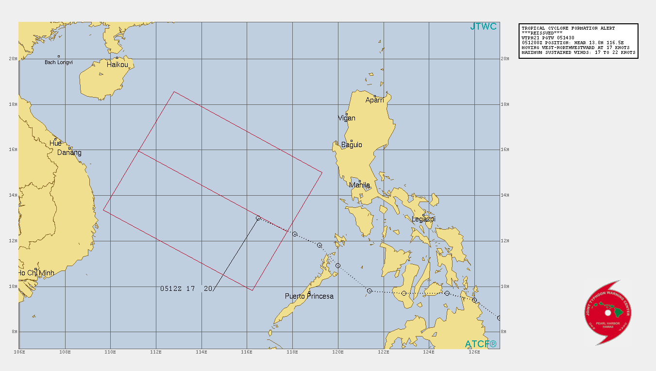THE AREA OF CONVECTION (INVEST 92W) PREVIOUSLY LOCATED  NEAR 13.0N 116.5E IS NOW LOCATED NEAR 14.6N 114.0E, APPROXIMATELY  750 KM NORTHWEST OF PUERTO PRINCESA, PALAWAN. ANIMATED MULTISPECTRAL  SATELLITE IMAGERY DEPICTS BROAD, DISORGANIZED CONVECTION THAT  OBSCURES A BROAD, WEAK, AND ELONGATED LOW LEVEL CIRCULATION (LLC).  ENVIRONMENTAL ANALYSIS CONTINUES TO DEPICT MARGINALLY FAVORABLE  CONDITIONS FOR DEVELOPMENT WITH STRONG EQUATORWARD OUTFLOW AND VERY  WARM (30C) SEA SURFACE TEMPERATURES OFFSET BY MODERATE (15-20KT)  VERTICAL WIND SHEAR. A 052357Z DIRECT ASCAT-A PASS SHOWS MOSTLY 10- 15KT WIND BARBS AROUND THE LLC WITH PATCHES OF 20KT WIND BARBS IN  THE SOUTHEAST QUADRANT. MAXIMUM SUSTAINED SURFACE  WINDS ARE ESTIMATED AT 17 TO 22 KNOTS. MINIMUM SEA LEVEL PRESSURE IS  ESTIMATED TO BE NEAR 1006 MB. THE POTENTIAL FOR THE DEVELOPMENT OF A  SIGNIFICANT TROPICAL CYCLONE WITHIN THE NEXT 24 HOURS REMAINS HIGH. THE AREA OF CONVECTION (INVEST 92W) PREVIOUSLY LOCATED  NEAR 13.0N 116.5E IS NOW LOCATED NEAR 14.6N 114.0E, APPROXIMATELY  750 KM NORTHWEST OF PUERTO PRINCESA, PALAWAN. ANIMATED MULTISPECTRAL  SATELLITE IMAGERY DEPICTS BROAD, DISORGANIZED CONVECTION THAT  OBSCURES A BROAD, WEAK, AND ELONGATED LOW LEVEL CIRCULATION (LLC).  ENVIRONMENTAL ANALYSIS CONTINUES TO DEPICT MARGINALLY FAVORABLE  CONDITIONS FOR DEVELOPMENT WITH STRONG EQUATORWARD OUTFLOW AND VERY  WARM (30C) SEA SURFACE TEMPERATURES OFFSET BY MODERATE (15-20KT)  VERTICAL WIND SHEAR. A 052357Z DIRECT ASCAT-A PASS SHOWS MOSTLY 10- 15KT WIND BARBS AROUND THE LLC WITH PATCHES OF 20KT WIND BARBS IN  THE SOUTHEAST QUADRANT. MAXIMUM SUSTAINED SURFACE  WINDS ARE ESTIMATED AT 17 TO 22 KNOTS. MINIMUM SEA LEVEL PRESSURE IS  ESTIMATED TO BE NEAR 1006 MB. THE POTENTIAL FOR THE DEVELOPMENT OF A  SIGNIFICANT TROPICAL CYCLONE WITHIN THE NEXT 24 HOURS REMAINS HIGH.
