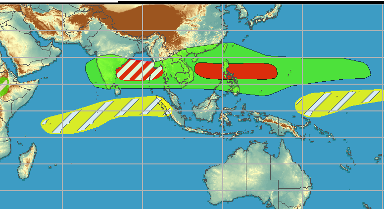 TC development is imminent across the South China Sea and this likely TC is forecast to track slowly, which could result in flooding across Hainan Island and/or parts of Vietnam during the next week. Another TC is likely to form just east of the Philippines during week-1, while model guidance favors a northeast shift across the West Pacific for the favored location by week-2. Enhanced convection, model guidance, and climatology support an increased chance of TC development across the Bay of Bengal through mid-October. Since timing is usually difficult to forecast for this region, a moderate confidence covers weeks 1 and 2. NOAA.