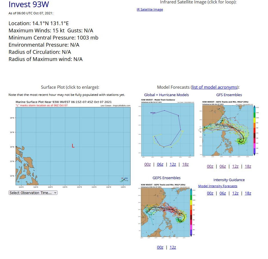 AN AREA OF CONVECTION (INVEST 93W) HAS PERSISTED NEAR  13.1N 131.4E, APPROXIMATELY 830KM WEST-NORTHWEST OF YAP. THIS SYSTEM  IS EMBEDDED WITHIN THE WESTERN PERIPHERY OF A MONSOON DEPRESSION  WITH STRONG, CONVERGENT LOW-LEVEL WESTERLIES OVER THE SOUTHERN  SEMICIRCLE. ANIMATED MULTISPECTRAL SATELLITE IMAGERY (MSI) DEPICTS  AN ELONGATED DISTURBANCE WITH BROAD TURNING AND MULTIPLE VORTEXES.  MSI ALSO INDICATES A MID-LEVEL CIRCULATION CENTER NEAR 13.7N 129.0E,  HOWEVER, THERE IS NO EVIDENCE OF A DEFINED LOW LEVEL CENTER AT THIS TIME. UPPER- LEVEL ANALYSIS INDICATES A GENERALLY FAVORABLE ENVIRONMENT WITH GOOD  EQUATORWARD OUTFLOW AND LOW TO MODERATE VERTICAL WIND SHEAR. GLOBAL  MODELS INDICATE THIS MONSOON DEPRESSION WILL GRADUALLY CONSOLIDATE  INTO A TROPICAL STORM OVER THE NEXT 2-3 DAYS AS INVEST 93W MERGES  WITH INVEST 94W. THERE IS SIGNIFICANT UNCERTAINTY IN HOW THESE TWO  SYSTEMS WILL DEVELOP AND MERGE WITH HIGH UNCERTAINTY IN TRACK MOTION  AS WELL. MAXIMUM SUSTAINED SURFACE WINDS ARE ESTIMATED AT 12 TO 18  KNOTS. MINIMUM SEA LEVEL PRESSURE IS ESTIMATED TO BE NEAR 1003 MB.  THE POTENTIAL FOR THE DEVELOPMENT OF A SIGNIFICANT TROPICAL CYCLONE  WITHIN THE NEXT 24 HOURS IS LOW.