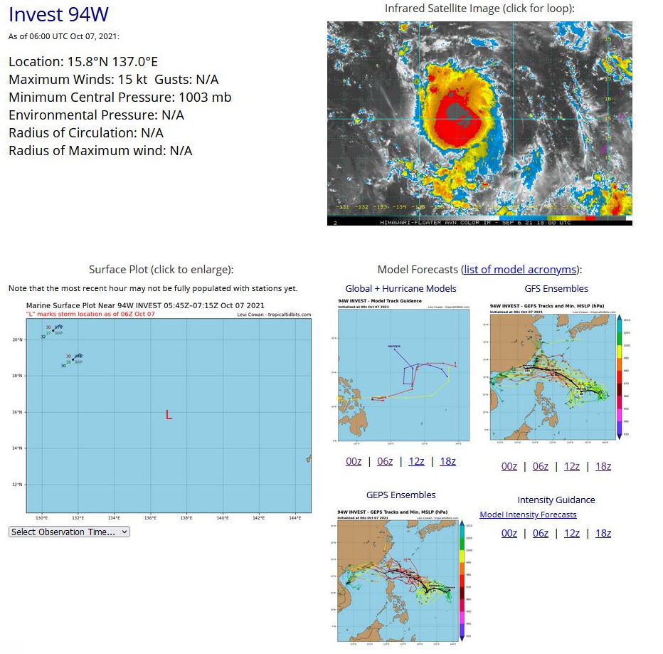 AN AREA OF CONVECTION (INVEST 94W) HAS PERSISTED NEAR  15.5N 137.7E, APPROXIMATELY 795 KM NORTH-NORTHWEST OF GUAM. THIS  SYSTEM IS EMBEDDED WITHIN THE NORTHEASTERN PERIPHERY OF A MONSOON  DEPRESSION WITH STRONG, CONVERGENT LOW-LEVEL SOUTHWESTERLIES OVER  THE SOUTHERN SEMICIRCLE. ANIMATED MULTISPECTRAL SATELLITE IMAGERY  DEPICTS MULTIPLE VORTEXES ROTATING AROUND A CENTROID WITH  DISORGANIZED DEEP CONVECTION ASSOCIATED WITH THE CONVERGENT  SOUTHWESTERLY FLOW SHEARING OVER THE SOUTHEAST QUADRANT DUE TO  MODERATE TO STRONG (20-30 KNOTS) NORTHWESTERLY VERTICAL WIND SHEAR  AND BROAD EQUATORWARD OUTFLOW. DESPITE THE MARGINAL CONDITIONS, A  070401Z AMSR2 89GHZ COMPOSITE REVEALS SOME FRAGMENTED, SHALLOW  BANDING WRAPPING INTO A DEFINED LOW-LEVEL CIRCULATION CENTER. GLOBAL  MODELS INDICATE THIS MONSOON DEPRESSION WILL GRADUALLY CONSOLIDATE  INTO A TROPICAL STORM OVER THE NEXT 2-3 DAYS AS INVEST 93W MERGES  WITH INVEST 94W. THERE IS SIGNIFICANT UNCERTAINTY IN HOW THESE TWO  SYSTEMS WILL DEVELOP AND MERGE WITH HIGH UNCERTAINTY IN TRACK MOTION  AS WELL. MAXIMUM SUSTAINED SURFACE WINDS ARE ESTIMATED AT 12 TO 18  KNOTS. MINIMUM SEA LEVEL PRESSURE IS ESTIMATED TO BE NEAR 1003 MB.  THE POTENTIAL FOR THE DEVELOPMENT OF A SIGNIFICANT TROPICAL CYCLONE  WITHIN THE NEXT 24 HOURS IS LOW.