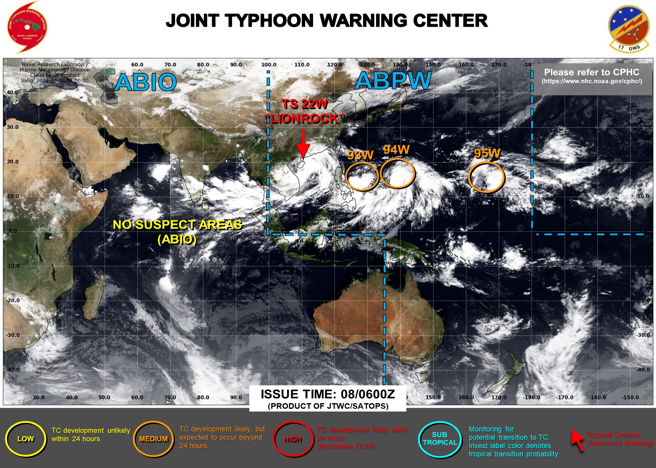 Western Pacific: TS 22W(LIONROCK) making landfall over Hainan/ busy too with 3 Invest areas East of the Philippines, 08/03utc Western Pacific: TS 22W(LIONROCK) making landfall over Hainan/ busy too with 3 Invest areas East of the Philippines, 08/03utc