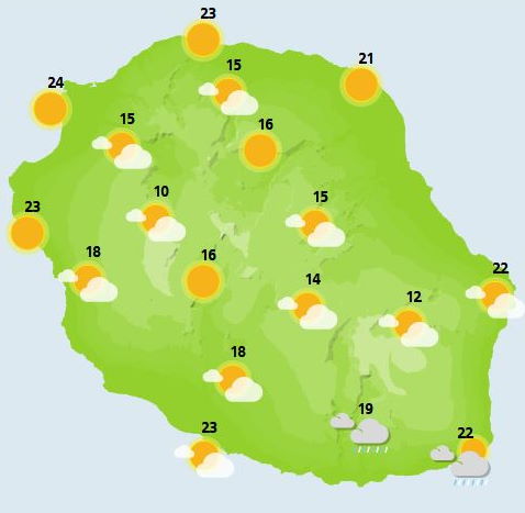 JOURNEE DU VENDREDI 08  Flux de secteur Sud Est modéré dans une masse d'air humide.    Après une nuit humide sur la majeure partie du département, où l'on a relevé 65 mm au Tremblet, 16 mm au Volcan et 29 mm à la Plaine des Cafres, les nuages sont encore présents au lever du jour avec de bonnes averses sur le Sud Sauvage, comme du côté de Saint Joseph. Ces pluies intéressent également les régions allant de Saint Philippe à Sainte Rose. Sur la moitié Nord, le ciel est plus clément avec de belles éclaircies. En cours de matinée, l'évolution diurne se met en place et les nuages se développent dans l'intérieur. Les éclaircies font leur retour sur le littoral du Sud. L'après-midi, la couverture nuageuse prend ses quartiers dans les hauts et des averses, faibles en général, se déclenchent sur la plupart des hauteurs , de la région du Volcan en passant par la plaine des Palmistes et les hauts de la Possession et du Port. Les débordements nuageux se produisent de la région de Saint Paul à Saint André. Ailleurs, les éclaircies résistent bien/ Les températures maximales atteignent les 24 à 26°C sur le littoral, 14 à 16°C au Maïdo et au Volcan, mais aussi 20 à 22°C dans les cirques. Le vent de secteur Sud-Est se renforce avec des rafales de 50 à 60 km/h le long des côtes Nord-Est , Sud-Ouest ainsi que vers la Pointe des trois Bassins. La mer est peu agitée à agitée avec une petite houle de Sud-Sud-Ouest voisine de 1 mètre 80 le long des côtes Ouest et Sud.