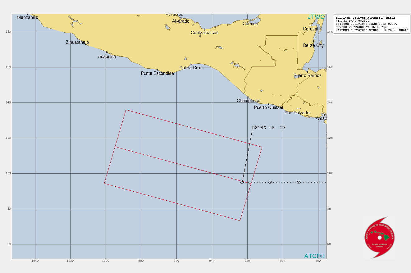 FORMATION OF A SIGNIFICANT TROPICAL CYCLONE IS POSSIBLE WITHIN 240 KM EITHER SIDE OF A LINE FROM 9.4N 91.8W TO 11.5N 99.5W WITHIN THE NEXT 12 TO 24 HOURS. AVAILABLE DATA DOES NOT JUSTIFY ISSUANCE OF NUMBERED TROPICAL CYCLONE WARNINGS AT THIS TIME. WINDS IN THE AREA ARE ESTIMATED TO BE 20 TO 25 KNOTS. METSAT IMAGERY AT 081800Z INDICATES THAT A CIRCULATION CENTER IS LOCATED NEAR 9.5N 92.3W. THE SYSTEM IS MOVING WESTWARD AT 16 KNOTS. 2. REMARKS: MAXIMUM SUSTAINED SURFACE WINDS ARE ESTIMATED AT 20 TO 25 KNOTS. MINIMUM SEA LEVEL PRESSURE IS ESTIMATED TO BE NEAR 1004 MB. THE POTENTIAL FOR THE DEVELOPMENT OF A SIGNIFICANT TROPICAL CYCLONE WITHIN THE NEXT 24 HOURS IS HIGH.