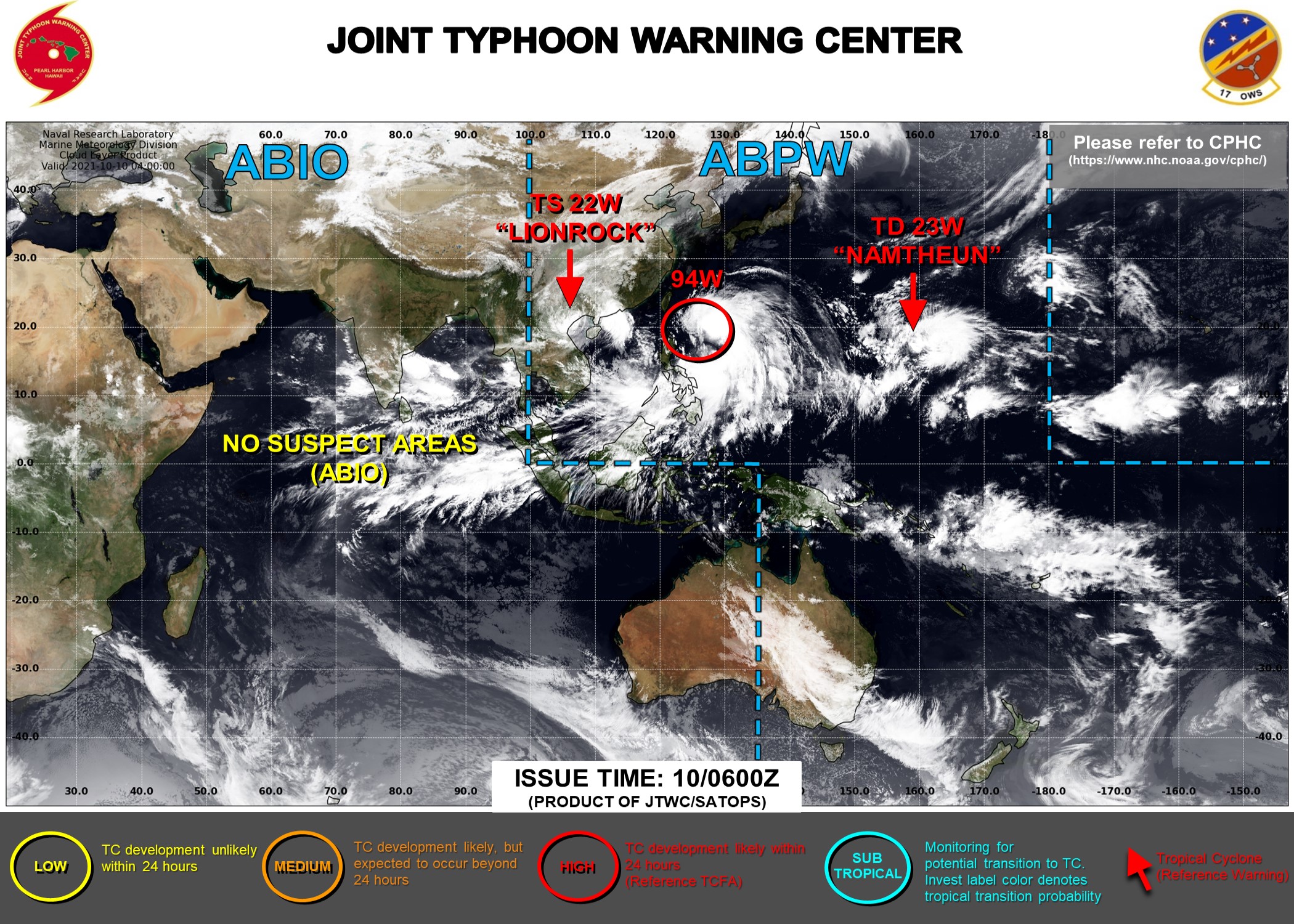 JTWC IS ISSUING 6HOURLY WARNINGS ON 22W AND 23W. 3HOURLY SATELLITE BULLETINS ARE ISSUED ON 22W, 23W, 93W AND 94W.