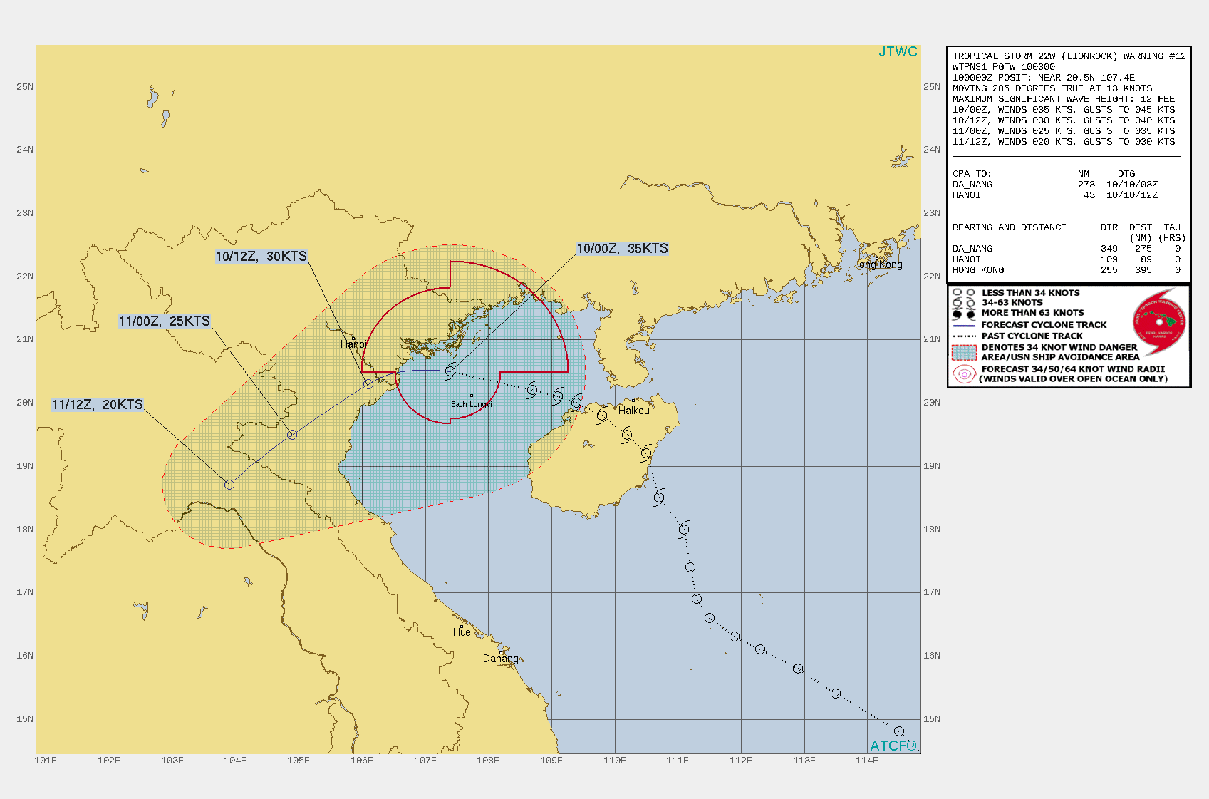 FORECAST REASONING.  SIGNIFICANT FORECAST CHANGES: THERE ARE NO SIGNIFICANT CHANGES TO THE FORECAST FROM THE PREVIOUS WARNING.  FORECAST DISCUSSION: TS 22W WILL BEGIN MOVING IN A MORE WEST-SOUTHWEST TRACK AS THE STEERING SUBTROPICAL RIDGE BUILDS AND EXTENDS WESTWARD OVER THE NEXT 12 HOURS. LIONROCK WILL CONTINUE ON THIS TRACK AND IS NO LONGER FAVORED TO INTENSIFY AS THE WATERS NEAR THE COAST HAVE COOLED SLIGHTLY DUE TO UPWELLING IN THE SHALLOWER WATERS. THE INTERACTION WITH LAND HAS ALSO INHIBITED THE GROWTH POTENTIAL AS THIS SYSTEM CONTINUES MOVING ALONG THE COAST, EXPECTING TO MAKE LANDFALL WITHIN THE NEXT 12 HOURS. DURING THIS TIME, THE SYSTEM WILL BEGIN THE DISSIPATION PROCESS AS IT MOVES OVER THE RUGGED TERRAIN OF VIETNAM AND WILL COMPLETE DISSIPATION NEAR THE LAOS BORDER BETWEEN 24H AND 36H.