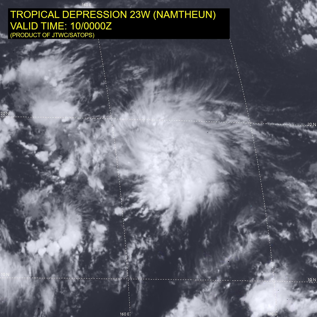 SATELLITE ANALYSIS, INITIAL POSITION AND INTENSITY DISCUSSION: ANIMATED MULTISPECTRAL SATELLITE IMAGERY (MSI) DEPICTS EXTENSIVE FLARING CONVECTION OBSCURING A LOW LEVEL CIRCULATION CENTER JUST TO THE SOUTHEAST OF A TROPICAL UPPER TROPOSPHERIC TROUGH (TUTT). A 092055Z BULLSEYE ASCAT-A PASS SHOWS 25-30 KNOT WIND FIELD TO THE NORTHEAST OF THE MAIN LLCC. WIND BARBS AROUND A LOW LEVEL CIRCULATION WITH GREATER THAN 30 KNOT WIND BARBS ARE IN THE NORTHEASTERN PERIPHERY AND ARE ASSOCIATED WITH GRADIENT FLOW AND CONVECTION, RESPECTIVELY. INITIAL WIND ENVIRONMENTAL ANALYSIS INDICATES FAVORABLE CONDITIONS FOR DEVELOPMENT WITH ROBUST RADIAL OUTFLOW, LOW TO MODERATE (10-15KT) VERTICAL WIND SHEAR, AND WARM SEA SURFACE TEMPERATURES (29-30C). TD 23W IS TRACKING ALONG THE SOUTHEASTERN PERIPHERY OF THE MID-UPPER LEVEL SUBTROPICAL RIDGE TO THE NORTHWEST.