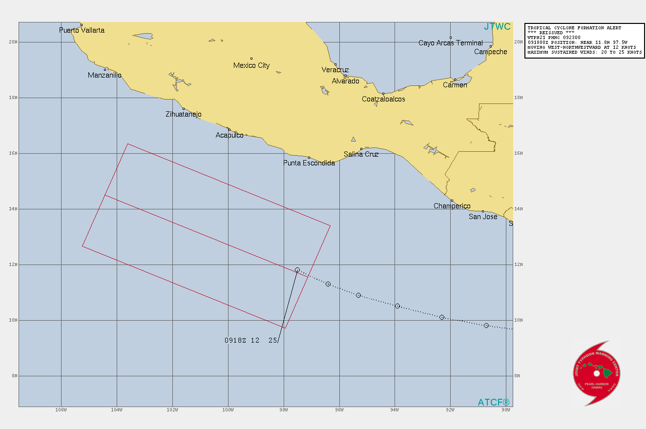 FORMATION OF A SIGNIFICANT TROPICAL CYCLONE IS POSSIBLE WITHIN 120 NM EITHER SIDE OF A LINE FROM 11.6N 97.1W TO 14.5N 104.4W WITHIN THE NEXT 12 TO 24 HOURS. AVAILABLE DATA DOES NOT JUSTIFY ISSUANCE OF NUMBERED TROPICAL CYCLONE WARNINGS AT THIS TIME. WINDS IN THE AREA ARE ESTIMATED TO BE 20 TO 25 KNOTS. METSAT IMAGERY AT 091800Z INDICATES THAT A CIRCULATION CENTER IS LOCATED NEAR 11.8N 97.5W. THE SYSTEM IS MOVING WEST-NORTHWESTWARD AT 22 KM/H. 2. REMARKS: MAXIMUM SUSTAINED SURFACE WINDS ARE ESTIMATED AT 20 TO 25 KNOTS. MINIMUM SEA LEVEL PRESSURE IS ESTIMATED TO BE NEAR 1004 MB. THE POTENTIAL FOR THE DEVELOPMENT OF A SIGNIFICANT TROPICAL CYCLONE WITHIN THE NEXT 24 HOURS IS HIGH.