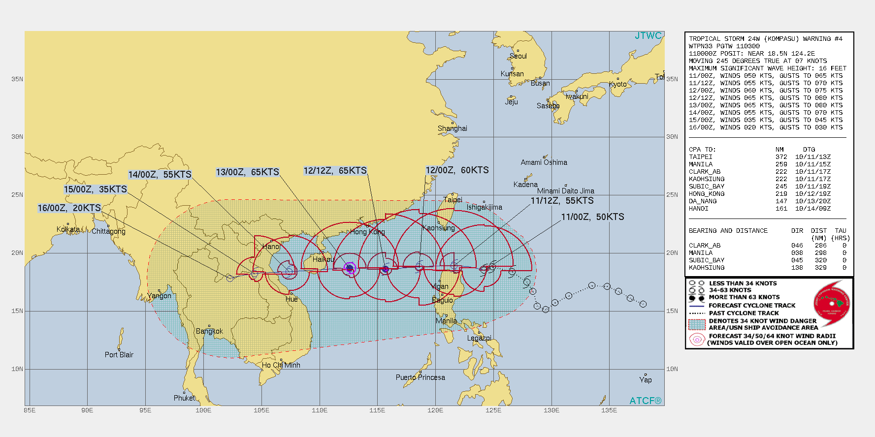 FORECAST REASONING.  SIGNIFICANT FORECAST CHANGES: THERE ARE NO SIGNIFICANT CHANGES TO THE FORECAST FROM THE PREVIOUS WARNING.  FORECAST DISCUSSION: THE SUBTROPICAL RIDGE(STR) WILL BUILD AND EXTEND FROM WESTWARD, THIS WILL CONTINUE DRIVING THE SYSTEM WESTWARD THROUGH THE LUZON STRAIT AND INTO THE SOUTH CHINA SEA (SCS). THE RIDGE OVER SOUTHEASTERN CHINA WILL ALSO INFLUENCE THE SYSTEM, FORCING THE MOVEMENT ACROSS HAINAN AND THE GULF OF TONKIN BEFORE MAKING LANDFALL IN NORTHERN VIETNAM BETWEEN 48/60H. THE ENVIRONMENT IS MORE FAVORABLE IN THE SCS AND TS 24W IS EXPECTED TO REACH A PEAK INTENSITY OF 70KNOTS/CAT 1 NEAR 48H. AFTERWARD, INCREASING VWS AND INTERACTION WITH HAINAN ISLAND WILL WEAKEN THE SYSTEM DOWN TO 60KNOTS AT 72H. AFTER LANDFALL, INTERACTION WITH THE RUGGED VIETNAMESE TERRAIN WILL RAPIDLY ERODE THE SYSTEM DOWN TO 20KNOTS AFTER IT CROSSES INTO LAOS NEAR CAMBODIA.