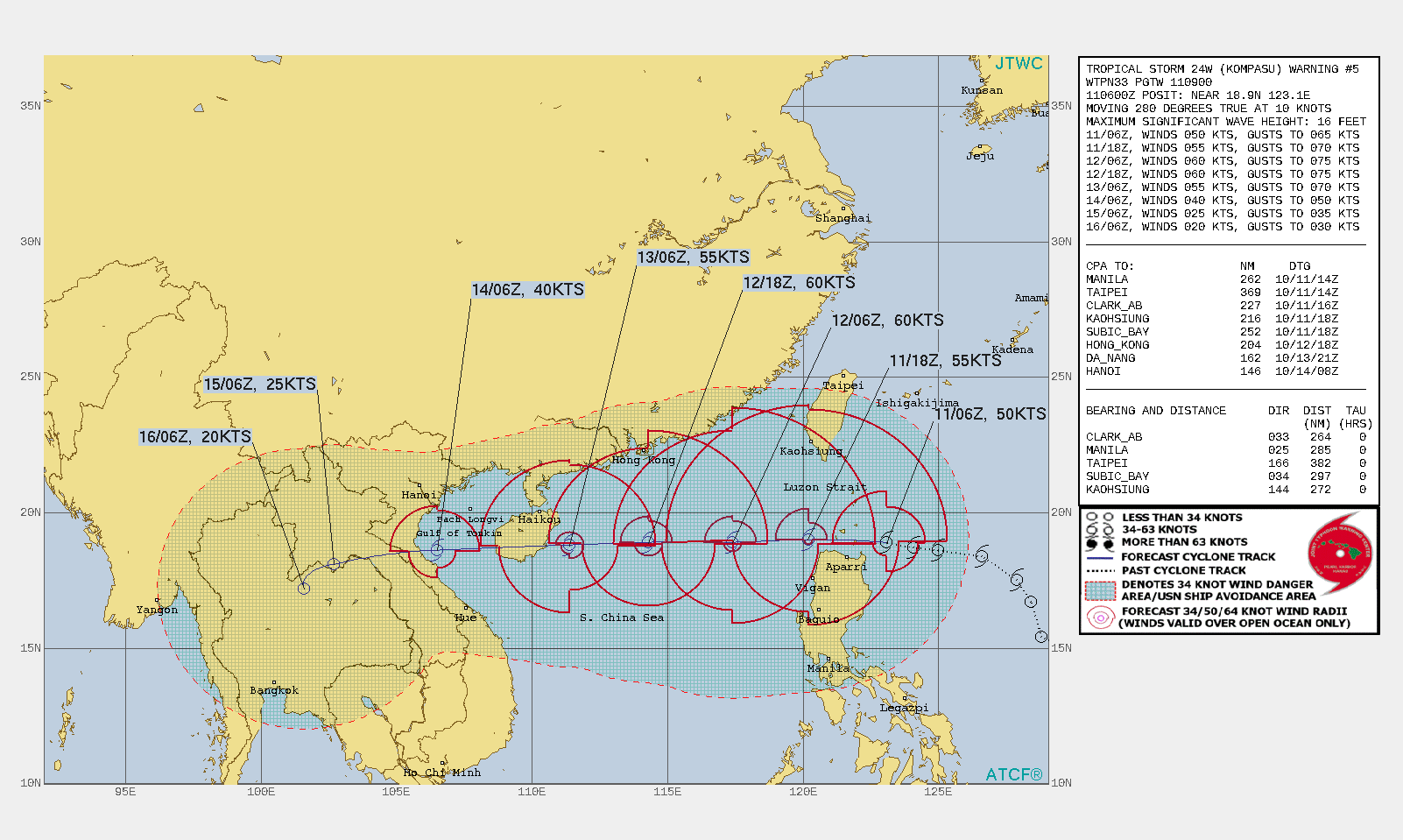 FORECAST REASONING.  SIGNIFICANT FORECAST CHANGES: THERE ARE NO SIGNIFICANT CHANGES TO THE FORECAST FROM THE PREVIOUS WARNING.  FORECAST DISCUSSION: UNDER THE STEERING SUBTROPICAL RIDGE, TS KOMPASU WILL  CONTINUE TO TRACK GENERALLY WESTWARD INTO THE SOUTH CHINA SEA (SCS)  AND ACROSS SOUTHERN HAINAN AND THE GULF OF TONKIN BEFORE MAKING  LANDFALL SHORTLY AFTER 72H IN NORTHERN VIETNAM. THE MARGINALLY  FAVORABLE ENVIRONMENT WILL FUEL GRADUAL INTENSIFICATION TO A PEAK OF  60KTS AT 36H IN THE SCS WHERE THE ENVIRONMENT IS EXPECTED TO BE  MORE FAVORABLE. AFTERWARD, INCREASING VERTICAL WIND SHEAR WILL SLOWLY WEAKEN THE  SYSTEM DOWN TO 40KNOTS AT 72H. AFTER LANDFALL, INTERACTION WITH THE  RUGGED VIETNAMESE TERRAIN WILL RAPIDLY ERODE THE SYSTEM DOWN TO  20KNOTS AFTER IT CROSSES CAMBODIA INTO THAILAND.