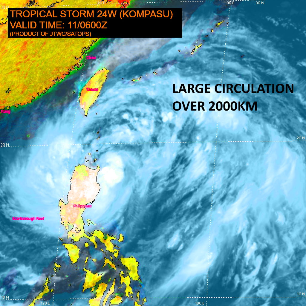 SATELLITE ANALYSIS, INITIAL POSITION AND INTENSITY DISCUSSION: ANIMATED MULTISPECTRAL SATELLITE IMAGERY (MSI) DEPICTS A VERY LARGE (2040+ KM) MONSOON DEPRESSION WITH WIDE FEEDER BANDS REACHING UP TO THE EAST CHINA SEA TO THE NORTH AND DOWN TO THE SULU SEA TO THE  SOUTH. THE INITIAL POSITION IS PLACED WITH MEDIUM CONFIDENCE BASED  ON A COMPOSITE RADAR LOOP FROM PAGASA AND TRIANGULATED FROM NEARBY  SURFACE WIND OBSERVATIONS. THE INITIAL INTENSITY OF 50KNOTS IS BASED  WITH MEDIUM CONFIDENCE AND OVERALL ASSESSMENT AND AN AVERAGE OF  AGENCY AND AUTOMATED DVORAK ESTIMATES AND SUPPORTED BY NEARBY  OBSERVATIONS INCLUDING THOSE FROM THE BASCO RADAR SITE (185KM NNW)  REPORTING NORTHEASTERLY WINDS AT 35KNOTS AND SEA LEVEL PRESSURE AT  987MB, AND REFLECTS THE SUSTAINED 6-HR CONVECTIVE STRUCTURE.  ENVIRONMENTAL ANALYSES INDICATE MARGINALLY FAVORABLE CONDITIONS FOR  DEVELOPMENT CHARACTERIZED BY WARM SSTS IN THE LUZON STRAIT AND  STRONG POLEWARD OUTFLOW ALOFT OFFSET BY MODERATE VWS AND LAND  INTERFERENCE FROM LUZON AND TAIWAN. THE CYCLONE IS TRACKING ALONG  THE SOUTHWESTERN PERIPHERY OF THE MID-LAYER STR TO THE NORTHEAST.