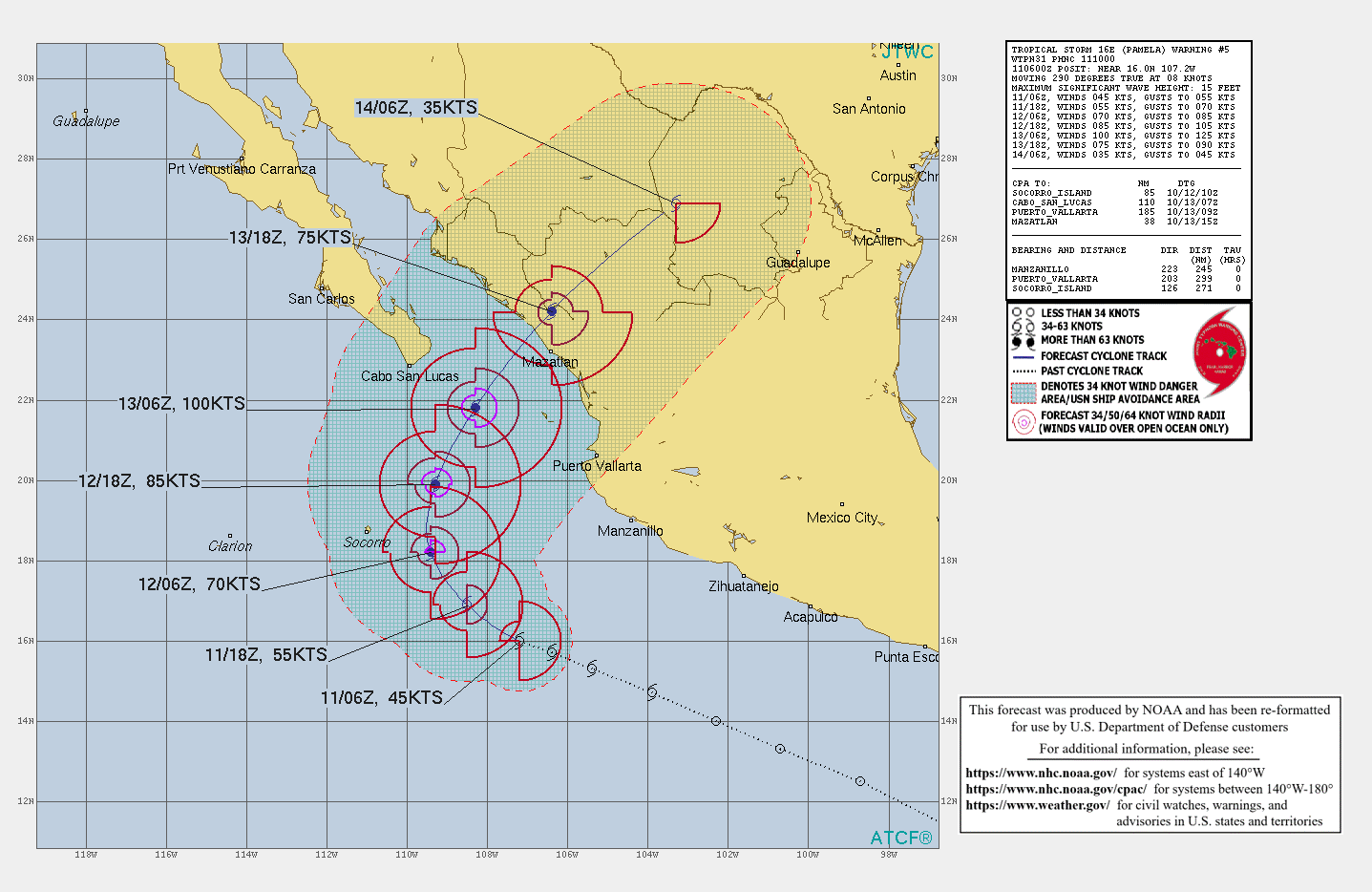 CURRENT INTENSITY IS 45KNOTS AND IS FORECAST TO PEAK AT 100KNOTS/CAT 3 BY 13/06UTC.