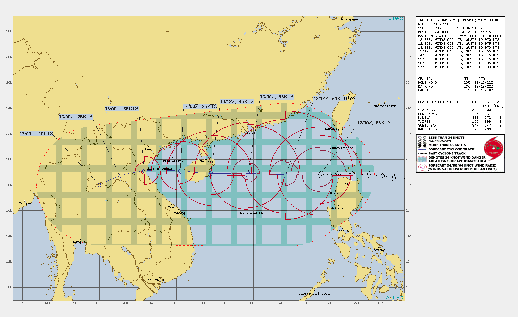 FORECAST REASONING.  SIGNIFICANT FORECAST CHANGES: THERE ARE NO SIGNIFICANT CHANGES TO THE FORECAST FROM THE PREVIOUS WARNING.  FORECAST DISCUSSION: TROPICAL STORM KOMPASU IS FORECAST TO CONTINUE TRACKING NEARLY DUE WEST THROUGH THE FORECAST PERIOD, ALONG THE SOUTHERN PERIPHERY OF THE DEEP SUBTROPICAL RIDGE(STR) LYING OVER CENTRAL CHINA. THE SYSTEM IS EXPECTED TO MAKE ITS FIRST LANDFALL ALONG THE COAST OF CENTRAL HAINAN ISLAND NEAR 36H, EMERGE INTO THE GULF OF TONKIN BY 48H, THEN MAKE A SECOND LANDFALL ALONG THE COAST OF NORTH VIETNAM NEAR 72H. THE GENERAL ENVIRONMENT IS EXPECTED TO REMAIN MARGINALLY FAVORABLE FOR ANOTHER 12 TO 18 HOURS, WITH SHEAR VALUES REMAINING AT OR BELOW CURRENT LEVELS. IN RESPONSE, TS 24W IS FORECAST TO INTENSIFY TO 60 KNOTS BY 12H. AFTER 12H, THE SYSTEM WILL WEAKEN STEADILY UNDER INCREASING VWS. AFTER CROSSING HAINAN, THE SYSTEM IS EXPECTED TO EMERGE INTO THE GULF OF TONKIN AS A WEAK TROPICAL STORM, AND THE COMBINATION OF WEAK OUTFLOW AND MODERATE LEVELS OF VWS WILL PRECLUDE ADDITIONAL INTENSIFICATION BEFORE THE SECOND LANDFALL. ONCE ASHORE, FRICTIONAL EFFECTS WITH THE RUGGED TERRAIN OF VIETNAM WILL RAPIDLY ERODE THE CIRCULATION, LEADING TO DISSIPATION OVER NORTHERN LAOS NO LATER THAN 120H.