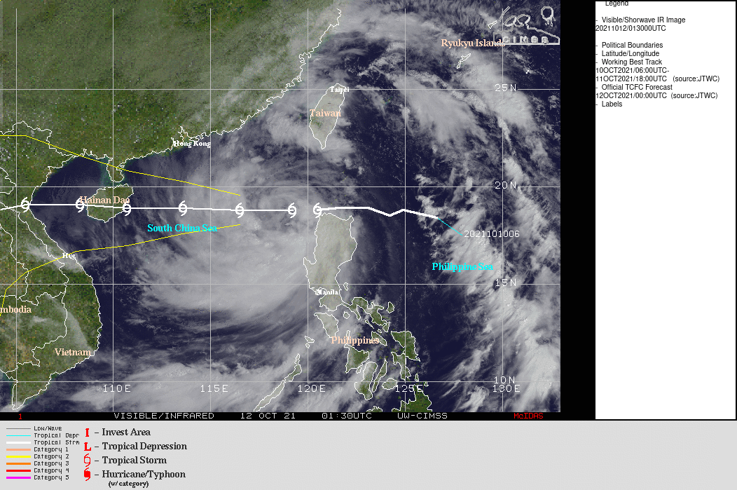 SATELLITE ANALYSIS, INITIAL POSITION AND INTENSITY DISCUSSION: ANIMATED MULTISPECTRAL SATELLITE IMAGERY (MSI) SHOWS THE BROAD EXTENT OF TS 24W, WITH SPIRAL BANDS EXTENDING FROM THE TAIWAN STRAIT IN THE NORTH TO SOUTHERN LUZON IN THE SOUTH. WHILE THE SYSTEM IS OVERALL QUITE LARGE, THE INNER CORE IS RELATIVELY SMALL. HAVING MOVED OFF TO THE WEST OF LUZON, THE EASTERN SIDE OF THE CIRCULATION HAS STRENGTHENED AND THE CORE HAS BECOME MORE SYMMETRICAL. HOWEVER, THE MSI AND ENHANCED INFRARED IMAGERY SHOW THAT CORE CONVECTION HAS DECREASED SIGNIFICANTLY OVER THE PAST SIX HOURS. A 112308Z SSMIS 91GHZ MICROWAVE IMAGE SHOWED A WELL-DEFINED BAND OF HEAVY CONVECTION TO THE SOUTHWEST OF LUZON, WEAK SPIRAL BANDS WITHIN THE CORE, BUT LITTLE TO NO DEEP CONVECTION IN THE NORTHEAST QUADRANT OF THE SYSTEM. THE INITIAL POSITION IS PLACED WITH HIGH CONFIDENCE BASED ON A SPIRAL BAND ANALYSIS OF THE AFOREMENTIONED MICROWAVE IMAGE. THE INITIAL INTENSITY OF 55 KNOTS IS ALSO ASSESSED WITH HIGH CONFIDENCE BASED ON AN AGREEMENT ACROSS ALL OBJECTIVE AND SUBJECTIVE DVORAK CURRENT INTENSITY ESTIMATES. THE ENVIRONMENT IS OVERALL MARGINALLY FAVORABLE, WITH WARM SSTS AND STRONG EQUATORWARD AND MODERATE POLEWARD OUTFLOW BEING OFFSET BY MODERATE EASTERLY VERTICAL WIND SHEAR.