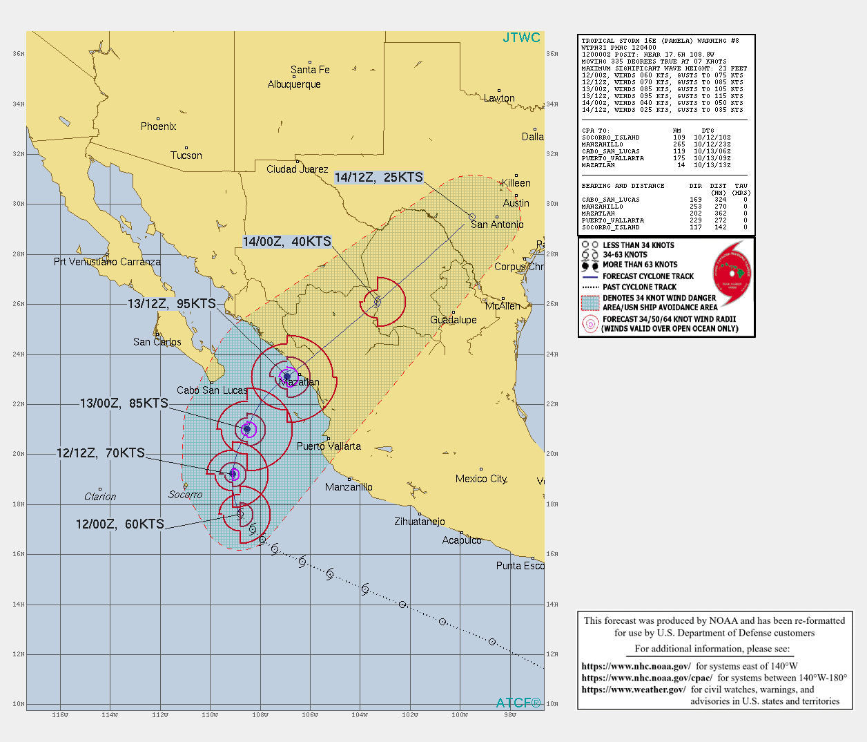 CURRENT INTENSITY IS 60KNOTS AND IS FORECAST TO PEAK AT 95KNOTS/CAT 2 BY 13/12UTC CLOSE TO THE MEXICAN COASTLINE.