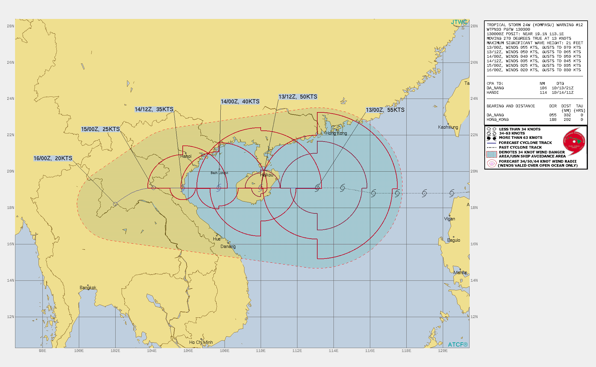 FORECAST REASONING.  SIGNIFICANT FORECAST CHANGES: THERE ARE NO SIGNIFICANT CHANGES TO THE FORECAST FROM THE PREVIOUS WARNING.  FORECAST DISCUSSION: TROPICAL STORM KOMPASU CONTINUES TO TRACK FAIRLY RAPIDLY WESTWARD ALONG THE SOUTHERN PERIPHERY OF A DEEP SUBTROPICAL RIDGE(STR) TO THE NORTH. SPEED MADE GOOD OVER THE PAST SIX HOURS HAS SLOWED SLIGHTLY, BUT IS STILL UP AROUND 28 KM/H OR SO. THE SYSTEM WILL MAINTAIN A WESTWARD TRACK THROUGH THE FORECAST PERIOD, AND IS EXPECTED TO MAKE LANDFALL ALONG THE EASTERN COAST OF HAINAN WITHIN THE NEXT 10 HOURS. THE QUICK TRANSLATION SPEED ACROSS HAINAN ISLAND WILL LIMIT THE IMPACT OF THE TERRAIN, AND KOMPASU WILL REEMERGE IN THE GULF OF TONKIN AS A 40 KNOT TROPICAL STORM. HOWEVER, BY THIS TIME, SHEAR WILL HAVE INCREASED ONCE AGAIN, WHICH COMBINED WITH WEAKLY CONVERGENT OUTFLOW ALOFT, WILL PRECLUDE INTENSIFICATION. THE SYSTEM WILL MAKE A SECOND LANDFALL IN NORTH VIETNAM NEAR 36H AND CONTINUE TRACKING INLAND INTO NORTHERN LAOS, WHERE IT IS FORECAST TO DISSIPATE NO LATER THAN 72H. FORECAST REASONING.  SIGNIFICANT FORECAST CHANGES: THERE ARE NO SIGNIFICANT CHANGES TO THE FORECAST FROM THE PREVIOUS WARNING.  FORECAST DISCUSSION: TROPICAL STORM KOMPASU CONTINUES TO TRACK FAIRLY RAPIDLY WESTWARD ALONG THE SOUTHERN PERIPHERY OF A DEEP SUBTROPICAL RIDGE(STR) TO THE NORTH. SPEED MADE GOOD OVER THE PAST SIX HOURS HAS SLOWED SLIGHTLY, BUT IS STILL UP AROUND 28 KM/H OR SO. THE SYSTEM WILL MAINTAIN A WESTWARD TRACK THROUGH THE FORECAST PERIOD, AND IS EXPECTED TO MAKE LANDFALL ALONG THE EASTERN COAST OF HAINAN WITHIN THE NEXT 10 HOURS. THE QUICK TRANSLATION SPEED ACROSS HAINAN ISLAND WILL LIMIT THE IMPACT OF THE TERRAIN, AND KOMPASU WILL REEMERGE IN THE GULF OF TONKIN AS A 40 KNOT TROPICAL STORM. HOWEVER, BY THIS TIME, SHEAR WILL HAVE INCREASED ONCE AGAIN, WHICH COMBINED WITH WEAKLY CONVERGENT OUTFLOW ALOFT, WILL PRECLUDE INTENSIFICATION. THE SYSTEM WILL MAKE A SECOND LANDFALL IN NORTH VIETNAM NEAR 36H AND CONTINUE TRACKING INLAND INTO NORTHERN LAOS, WHERE IT IS FORECAST TO DISSIPATE NO LATER THAN 72H.