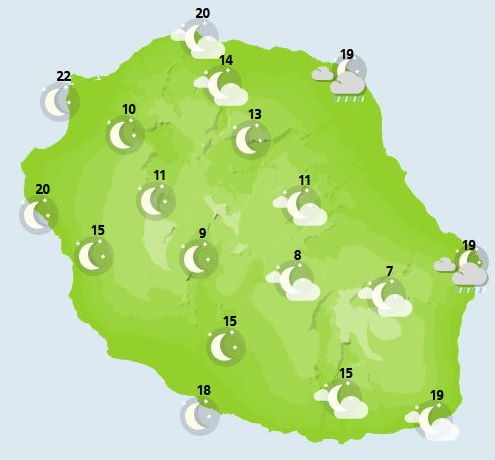 Situation générale le VENDREDI 15  Alizé modéré à assez fort, avec un passage plus humide dans la nuit de vendredi à samedi.  NUIT DU VENDREDI 15 au SAMEDI 16  En soirée et première partie de nuit les nuages dominent sur une grande partie de l'île. La couche nuageuse est plus dense sur la moitié Est et des pluies éparses se produisent aux flancs du Volcan, ainsi que sur les hauts de Saint-Benoit et de Saint-André. En seconde partie de nuit, la couche nuageuse se fragmente  laissant place à de larges éclaircies nocturnes.  Le vent de Sud-Est mollit en début de nuit. Mais il souffle encore à 40 km/h sur la côte Sud, entre Saint-Joseph et Saint-Louis notamment. La mer reste agitée sur la côte au vent, avec une houle australe voisine de un mètre sur la cote Sud, alors qu'une petite houle d'alizé voisine de un mètre perdure sur la côte Est et Nord-Est.   SAMEDI 16  La journée débute par un généreux soleil sur la majeure partie de notre île; seul la façade Nord-Est, de Saint-Philippe  à Saint-André pâtit d'un ciel gris et avec des pluies éparses dans les hauts.  La situation évolue peu au fil de la matinée. En mi-journée par contre, la couverture nuageuse prend de l'embonpoint et glisse vers l'Ouest en donnant quelques gouttes sur la Plaine des Palmistes. L'après-midi, les plages de l'Ouest conservent un temps reste sec, même si des nuages élevés envahissent le ciel. Les cirques et les plus hauts sommets devraient cependant conserver un temps  bien ensoleillé. L'alizé se renforce en matinée. L'après-midi, il faut craindre des rafales proches de 70 à 80 km/h sur la côte Sud, entre Saint-Philippe et Saint-Louis notamment. Les bourrasques sont moindres sur la côte Nord,  mais les valeurs atteignent quand même 50  km/h  vers Sainte-Marie. La mer est agitée au vent. Sur la côte Sud, la houle australe est voisine de 1 mètre. Sur la côte Est et Nord-Est, la houle d'alizé est  de un mètre elle aussi.