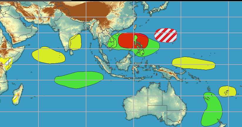Following the dissipation of Tropical Storm Namtheun yesterday, tropical activity looks to be quiet through the rest of the week across the western Pacific. By this weekend, there is good agreement in the ensemble means featuring the development of a closed low near the Philippines that tracks west into the South China Sea prompting a high confidence area for the region. Ensemble guidance also favors another area of deepening low pressure farther to the east near the Mariana Islands late in week-1, though there is some question as to whether this low strengthens to a tropical depression before tracking northward, and a moderate confidence is posted. NOAA.