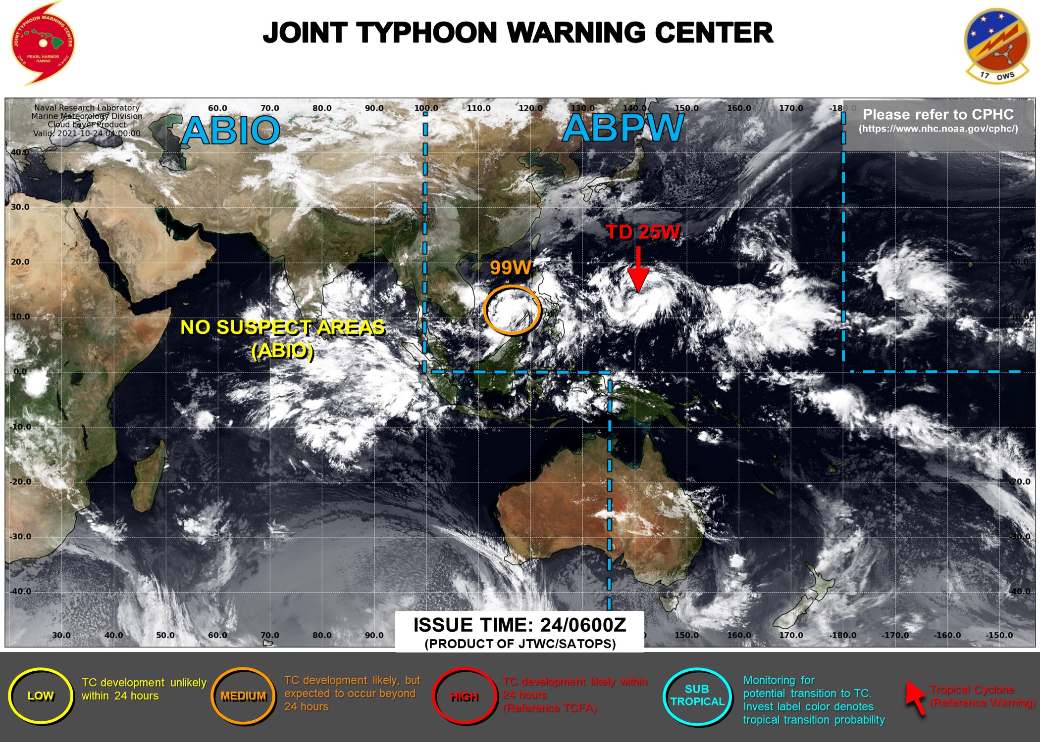 JTWC IS ISSUING 6HOURLY WARNINGS AND 3HOURLY SATELLITE BULLETINS ON TD 25W. INVEST 99W HAS BEEN UP-GRADED TO MEDIUM AT 24/06UTC.