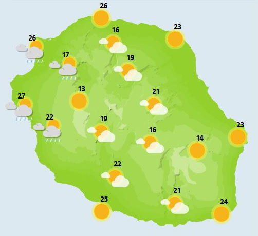 ILES SOEURS: cartes+prévisions du temps pour MAURICE/RÉUNION pour ce Lundi 25 Octobre 2021, tendances semaine 