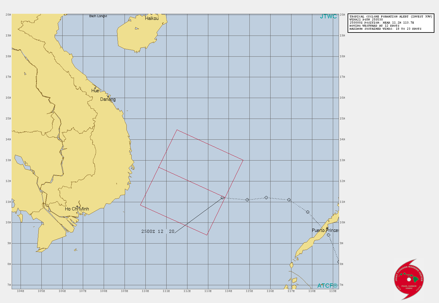 THE AREA OF CONVECTION (INVEST 99W) PREVIOUSLY LOCATED  NEAR 10.5N 117.8E IS NOW LOCATED NEAR 11.2N 113.7E, APPROXIMATELY  575 KM WEST-NORTHWEST OF PUERTO PRINCESA, PHILIPPINES. ANIMATED  MULTISPECTRAL SATELLITE IMAGERY (MSI) DEPICTS CURVED DEEP CONVECTIVE  BANDING THAT APPEARS TO BE WRAPPING INTO A PARTIALLY-EXPOSED LLC.  THIS BANDING CAN ALSO BE SEEN IN A 242334Z 91GHZ SSMIS IMAGE, BUT A  250008Z ASCAT-A IMAGE INDICATES THAT THE BROAD AREA OF 20-25 KT  WINDS UNDER THE BANDING IS PART OF THE COLD SURGE EVENT TO THE NORTH  AND NOT ASSOCIATED WITH THE BROAD CIRCULATION. ENVIRONMENTAL  ANALYSIS INDICATES FAVORABLE CONDITIONS FOR DEVELOPMENT, WITH  MODERATE EQUATORWARD OUTFLOW, LOW (10-15 KTS) VERTICAL WIND SHEAR  (VWS) AND WARM (29-30 C) SEA SURFACE TEMPERATURES (SST). MAXIMUM SUSTAINED SURFACE WINDS ARE ESTIMATED AT 18 TO 23  KNOTS. MINIMUM SEA LEVEL PRESSURE IS ESTIMATED TO BE NEAR 1009 MB.  THE POTENTIAL FOR THE DEVELOPMENT OF A SIGNIFICANT TROPICAL CYCLONE  WITHIN THE NEXT 24 HOURS IS UPGRADED TO HIGH. THE AREA OF CONVECTION (INVEST 99W) PREVIOUSLY LOCATED  NEAR 10.5N 117.8E IS NOW LOCATED NEAR 11.2N 113.7E, APPROXIMATELY  575 KM WEST-NORTHWEST OF PUERTO PRINCESA, PHILIPPINES. ANIMATED  MULTISPECTRAL SATELLITE IMAGERY (MSI) DEPICTS CURVED DEEP CONVECTIVE  BANDING THAT APPEARS TO BE WRAPPING INTO A PARTIALLY-EXPOSED LLC.  THIS BANDING CAN ALSO BE SEEN IN A 242334Z 91GHZ SSMIS IMAGE, BUT A  250008Z ASCAT-A IMAGE INDICATES THAT THE BROAD AREA OF 20-25 KT  WINDS UNDER THE BANDING IS PART OF THE COLD SURGE EVENT TO THE NORTH  AND NOT ASSOCIATED WITH THE BROAD CIRCULATION. ENVIRONMENTAL  ANALYSIS INDICATES FAVORABLE CONDITIONS FOR DEVELOPMENT, WITH  MODERATE EQUATORWARD OUTFLOW, LOW (10-15 KTS) VERTICAL WIND SHEAR  (VWS) AND WARM (29-30 C) SEA SURFACE TEMPERATURES (SST). MAXIMUM SUSTAINED SURFACE WINDS ARE ESTIMATED AT 18 TO 23  KNOTS. MINIMUM SEA LEVEL PRESSURE IS ESTIMATED TO BE NEAR 1009 MB.  THE POTENTIAL FOR THE DEVELOPMENT OF A SIGNIFICANT TROPICAL CYCLONE  WITHIN THE NEXT 24 HOURS IS UPGRADED TO HIGH.