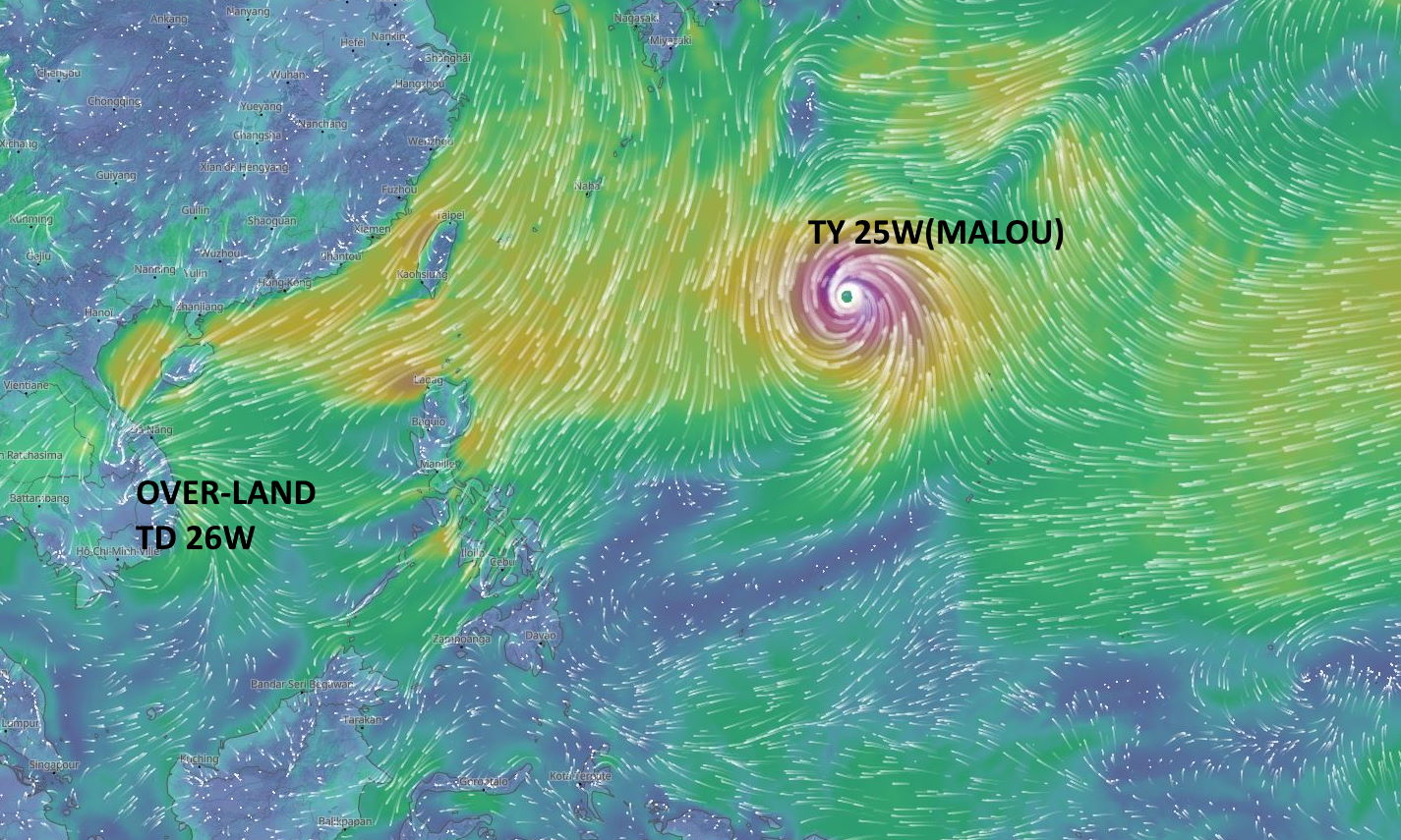 Typhoon 25W(MALOU) forecast to reach CAT 2 by 24hours/TD 26W now over-land, 27/09utc updates