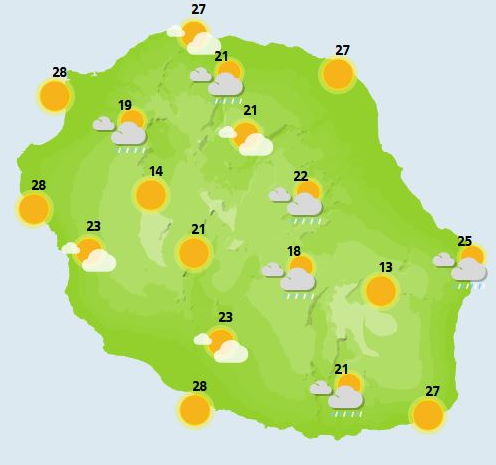 ILES SOEURS: journée du Jeudi 28 au soleil puis dégradation pluvio-orageuse pour la RÉUNION puis MAURICE, cartes détaillées et tendances weekend