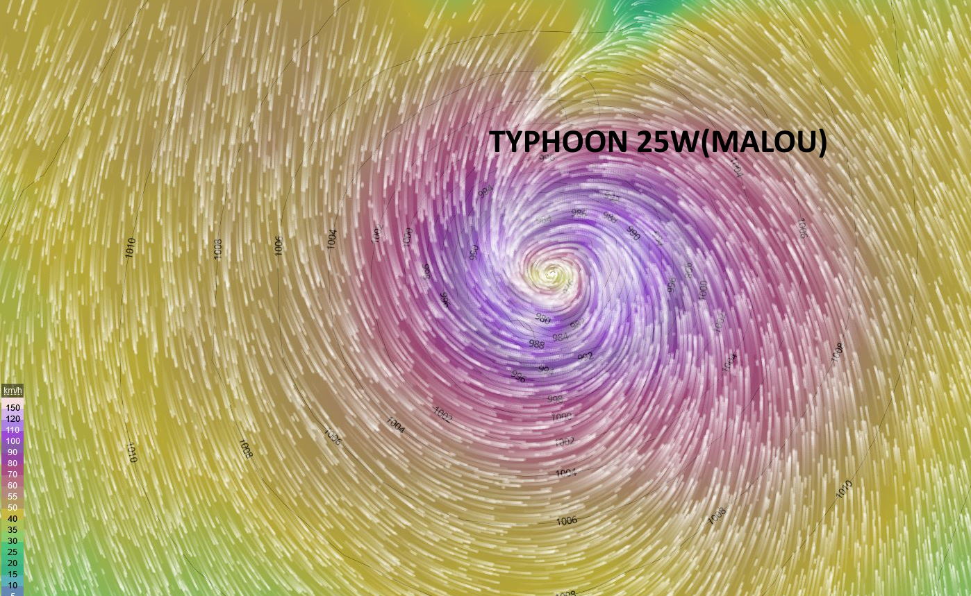 Despite its current very large eye Typhoon 25W(MALOU) is still forecast to reach CAT 2 within 24hours, 28/06utc update Despite its current very large eye Typhoon 25W(MALOU) is still forecast to reach CAT 2 within 24hours, 28/06utc update