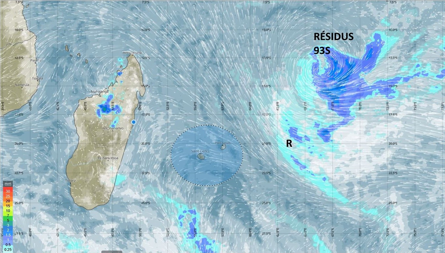 Bulletin prévision - Rodrigues  COMMUNIQUÉ DE LA MÉTÉO POUR RODRIGUES ÉMIS À 04H30 CE MERCREDI 03 NOVEMBRE 2021.     SITUATION GÉNÉRALE:  1. Quelques nuages dans le flux modéré du Sud-Est influenceront le temps pendant la journée.  2. A 04h00 ce matin, la zone de basse pression se trouvait à environ 890 km au Nord-Est de Rodrigues. Elle maintient son déplacement lent vers l'Ouest tout en s'affaiblissant davantage. Des nuages évoluant au Sud de la circulation de ce système commenceront à influencer le temps local durant la nuit.    PRÉVISIONS POUR LES PROCHAINES 24 HEURES:  Plutôt beau temps tôt ce matin. Mi-couvert au cours de la journée devenant nuageux par moments avec quelques ondées principalement sur les hauteurs.    La température maximale variera entre 25 et 28 degrés Celsius.    Nuageux durant la nuit avec des averses qui deviendront graduellement plus fréquentes.    La température minimale sera entre 20 et 22 degrés Celsius.   Vent du Sud-Est à environ 25 km/h, avec des pointes de 50 km/h aux endroits exposés, se renforçant durant la nuit avec des rafales atteignant les 60 km/h.     Mer agitée au-delà des récifs avec des vagues d'environ 2 mètres.   La pluviométrie durant les dernières 24 heures du 02 Novembre 2021 à 04h00 jusqu'au 03 Novembre 2021 à 04h00:  Pointe Canon             :  0.0 mm.  Plaine Corail              :  0.0 mm.  Montagne du Sable  :  0.0 mm.  Patate Théophile       :  0.0 mm.     Marées hautes:  11h44 et demain 00h00.  Marées basses: 17h56 et demain 06h04.     Lever du soleil      : 05h03.  Coucher du soleil : 17h56.