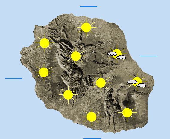 JOURNEE DU JEUDI 04  Petit alizé d'Est à Nord-Est dans une masse d'air sèche.  Du soleil à plein tube ce matin sur la Réunion, les quelques nuages côtiers dans l'Est ne font qu'illusion, ils vont finir par se faire croquer par la chaleur ambiante. Par contre cet après-midi c'est une autre musique ; la convection sur les pentes du relief a fait son oeuvre et on retrouve une belle tartine nuageuse en montagne qui prend ses aises au fil de l'après-midi vers le nord. Les Cirques et les principaux sommets au-dessus de 2000 m restent au-dessus de la couche. Pas de pluie prévue aujourd'hui. Dans ces conditions les températures se rapprochent des Normales du plein été avec 28 à 31 en bord de mer et surtout 24 à 25 dans les Cirques et une vingtaine de degrés au Maïdo et au Volcan, chaud devant ! Le vent d'Est à Nord-Est peine à se montrer, il devient bien discret l'après-midi à l'arrivée des nuages. L'état de la mer a également une configuration d'été avec des vaguelettes autour d'un mètre, un petit plus autour du Volcan.