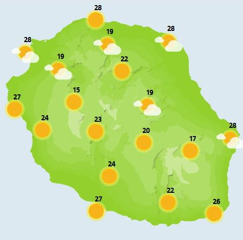 VENDREDI 05  Des nuages restent accrochés sur le littoral nord et nord-est, de La Montagne à Sainte-Marie, Saint-André jusqu'à Sainte-Rose. Ailleurs, aux premières lueurs matinales, le ciel est majoritairement ensoleillé. En cours de matinée, les nuages présents sur le nord et le nord-est du département se délitent et, par intermittence, laissent passer le soleil. Puis, les nuageux inoffensifs commencent à se développer dans l'intérieur  dès la fin de matinée et le début d'après-midi. Ils laissent échapper de petites pluies fines sur le nord de l'île, de la Montagne, aux hauteurs du nord, vers Saint-François, et la Bretagne. Cette couverture nuageuse déborde sur le littoral Nord, mais là, se contente uniquement, d'apporter fraicheur et ombre. Sur les hauteurs au dessus de 1800 mètres, c'est toujours un grand soleil qui prédomine, tandis que le long des côtes, le soleil est plus timide avec de belles éclaircies qui se manifestent toutefois. Les températures flirtent avec les 29 à 30°C sur les plages de l'Ouest, 27 à 28°C vers Saint-Denis, 24 à 25°C dans les cirques et 20 à 21°C au volcan. Le vent est faible, favorisant les brises en cours de journée. La mer demeure peu agitée à agitée.