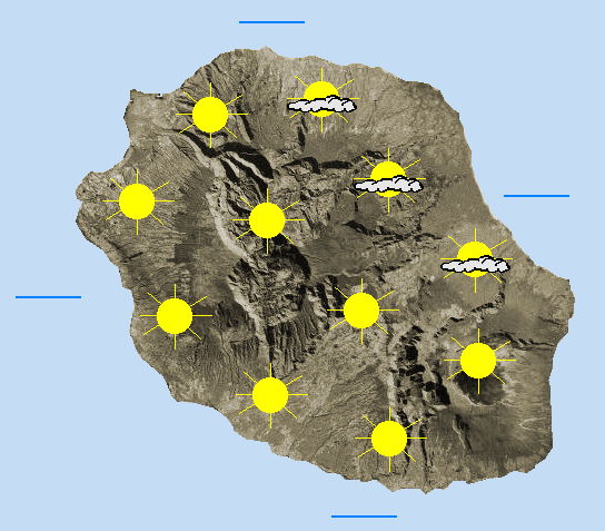 JOURNEE DU VENDREDI 05  Encore une journée agréable sur la Réunion avant un week-end légèrement plus humide.  C'est encore une belle journée d'inter-saison qui se prépare. Les nuages sont toujours aussi discrets en matinée, il faut attendre l'après-midi pour identifier une masse nuageuse compacte sur les montagnes du Beau Pays jusqu'aux Hauts de l'Ouest. A partir de la mi-journée, les nuages accaparent les pentes du Sud ainsi que le massif du volcan.  Des petites averses isolées sont probables mais elle restent bien rares. Ailleurs, les reliefs sont tantôt au soleil tantôt à l'ombre, tandis que le front de mer continue de bénéficier d'excellentes conditions.  Les brises prédominent le matin, un petit vent de Sud-Ouest se lève sur la région du Port l'après midi ainsi que vers Saint Philippe où les rafales avoisinent les 40 km/h. Il prend une composante Sud le long de la côte Sud-Est dès la mi-journée avec des rafales de 40 à 45 km/h.  Dans ces conditions les températures maximales sont bien agréables après une petite fraîcheur nocturne et la mer est peu agitée en général, de très bonnes conditions pour naviguer.