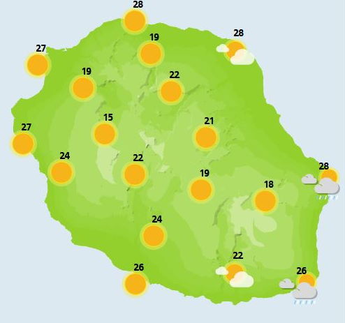 DIMANCHE 07  Après un début de journée agréable et globalement lumineux malgré de petites grisailles matinales sur la façade Est, l'évolution diurne se met en place. En effet, les nuages se développent dans les hauts et s'étalent en dessous les 2000m. L'après-midi, les averses s'installent alors dans les hauts avec quelques débordement en direction du Nord-Ouest. Au-dessus les 2000 à 2200 m, le temps reste généralement sec. Les températures sont stationnaires et de saison. Le vent est modéré de Sud-Est sur les côtes Sud-Ouest et Nord-Est de l'île. Les brises dominent de Saint-Leu à la Grande Chaloupe. La mer est peu agitée à agitée.