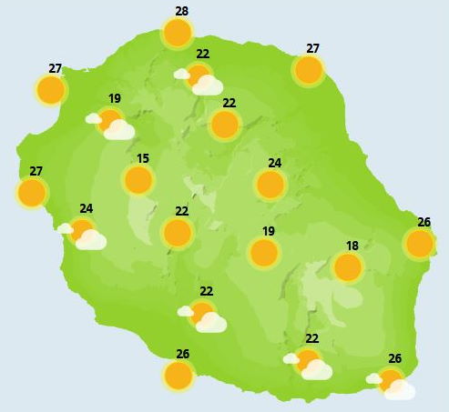 LUNDI 08  Belle matinée en vue, mais comme à l'accoutumée, les traditionnels nuages de pente se forment, les plus hauts sommets  se retrouvent petit à petit sous la grisaille, ainsi que l'intérieur de l'ile. L après-midi de petites  averses sont attendues ici ou là. Les températures sont stationnaires et de saison. Le vent  de secteur Est est modéré  le long des côtes sud et nord. Le vent est faible sur les plages de l'ouest. La mer est peu agitée à agitée.