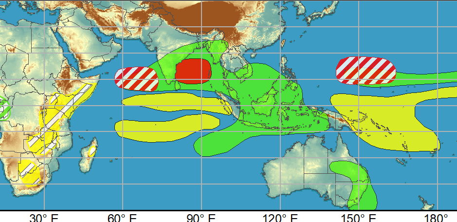 There continues to be good model support for tropical cyclogenesis in the northern Indian Ocean tied to the interaction of the aforementioned Kelvin wave and Rossby wave early in week-1. The Joint Typhoon Warning Center (JTWC) is currently monitoring a disturbance in the Bay of Bengal where reduced shear and warm SSTs remain conducive for development by the outset of the period, supporting a high confidence area in the region. Although less supported in the probabilistic tools, a moderate confidence area is also posted in the Arabian Sea associated with another area of low pressure that is favored to strengthen in the deterministic solutions later this week. Regardless of formation with these two disturbances, heavy precipitation amounts appear likely, which may trigger flooding for parts of southern India and Sri Lanka during the next several days. By early to the middle part of next week, there is continued support in the ensemble and probabilistic guidance favoring the development of another closed low in the Bay of Bengal, prompting a moderate confidence area for week-2. In the western Pacific, dynamical models continue to advertise an area of low pressure strengthening near the Mariana Islands next week, however there remains differences in regards to the timing of this feature. To address this uncertainty, a pair of moderate confidence areas are posted for week-1 and week-2, with the latter area more focused in the Philippine Sea in accordance with the ECMWF solutions. NOAA.