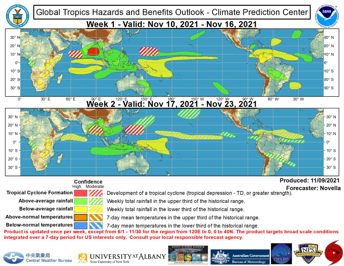 ﻿The MJO remains weak as reflected in the RMM index which has continued to show a low amplitude intraseasonal signal since mid-October. During the past week, the MJO signal rapidly shifted eastward into the Maritime Continent likely tied to the passage of a Kelvin wave, and more recently, retreated back into phase 3 likely due to Rossby wave activity that is currently analyzed over the Indian Ocean. Looking ahead, dynamical models favor the resumption of an eastward propagating signal over the Maritime Continent, but maintain a low amplitude as the majority of ensemble means keep the signal within the RMM unit circle during the next two weeks. Of note, there are several ensemble members, including statistical guidance, which favor a stronger MJO event crossing the western Pacific later in the period. However, there remains a good deal of uncertainty in this realization given the strengthening low frequency base state associated with the ongoing La Nina. The large-scale environment is expected to be conducive for tropical cyclone (TC) formation in the Eastern Hemisphere, and quieter conditions are anticipated for the eastern Pacific and Atlantic basins in conjunction with a less active climatology later in November.  A pair of TCs, Sandra and Terry, formed in the eastern Pacific and briefly peaked at Tropical Storm intensity this past weekend. Now both at tropical depression strength, the National Hurricane Center (NHC) forecasts these two systems to continue tracking westward over open waters, and eventually dissipate later this week. No TC areas are added in the outlook over the eastern Pacific, as there is little support in the guidance for additional TC development during the next two weeks. Across the Atlantic, a broad area of suppressed convection continues to be favored among the ensembles throughout the Caribbean and the Main Development Region, reducing the potential for late season TC activity during the next two weeks. Farther north, subtropical cyclone development is possible near the Azores late in week-1, however confidence is too low to include any corresponding TC shapes in the outlook given less support from probabilistic guidance and cooler sea surface temperatures (SSTs) in the region.  There continues to be good model support for tropical cyclogenesis in the northern Indian Ocean tied to the interaction of the aforementioned Kelvin wave and Rossby wave early in week-1. The Joint Typhoon Warning Center (JTWC) is currently monitoring a disturbance in the Bay of Bengal where reduced shear and warm SSTs remain conducive for development by the outset of the period, supporting a high confidence area in the region. Although less supported in the probabilistic tools, a moderate confidence area is also posted in the Arabian Sea associated with another area of low pressure that is favored to strengthen in the deterministic solutions later this week. Regardless of formation with these two disturbances, heavy precipitation amounts appear likely, which may trigger flooding for parts of southern India and Sri Lanka during the next several days. By early to the middle part of next week, there is continued support in the ensemble and probabilistic guidance favoring the development of another closed low in the Bay of Bengal, prompting a moderate confidence area for week-2. In the western Pacific, dynamical models continue to advertise an area of low pressure strengthening near the Mariana Islands next week, however there remains differences in regards to the timing of this feature. To address this uncertainty, a pair of moderate confidence areas are posted for week-1 and week-2, with the latter area more focused in the Philippine Sea in accordance with the ECMWF solutions.  The precipitation outlook during the next two weeks is based on a consensus of GEFS, CFS, and ECMWF guidance. For hazardous weather concerns during the next two weeks across the U.S., please refer to your local NWS Forecast Office, the Weather Prediction Center's Medium Range Hazards Forecast, and CPC's Week-2 Hazards Outlook. Forecasts over Africa are made in consultation with the International Desk at CPC and can represent local-scale conditions in addition to global scale variability. NOAA.