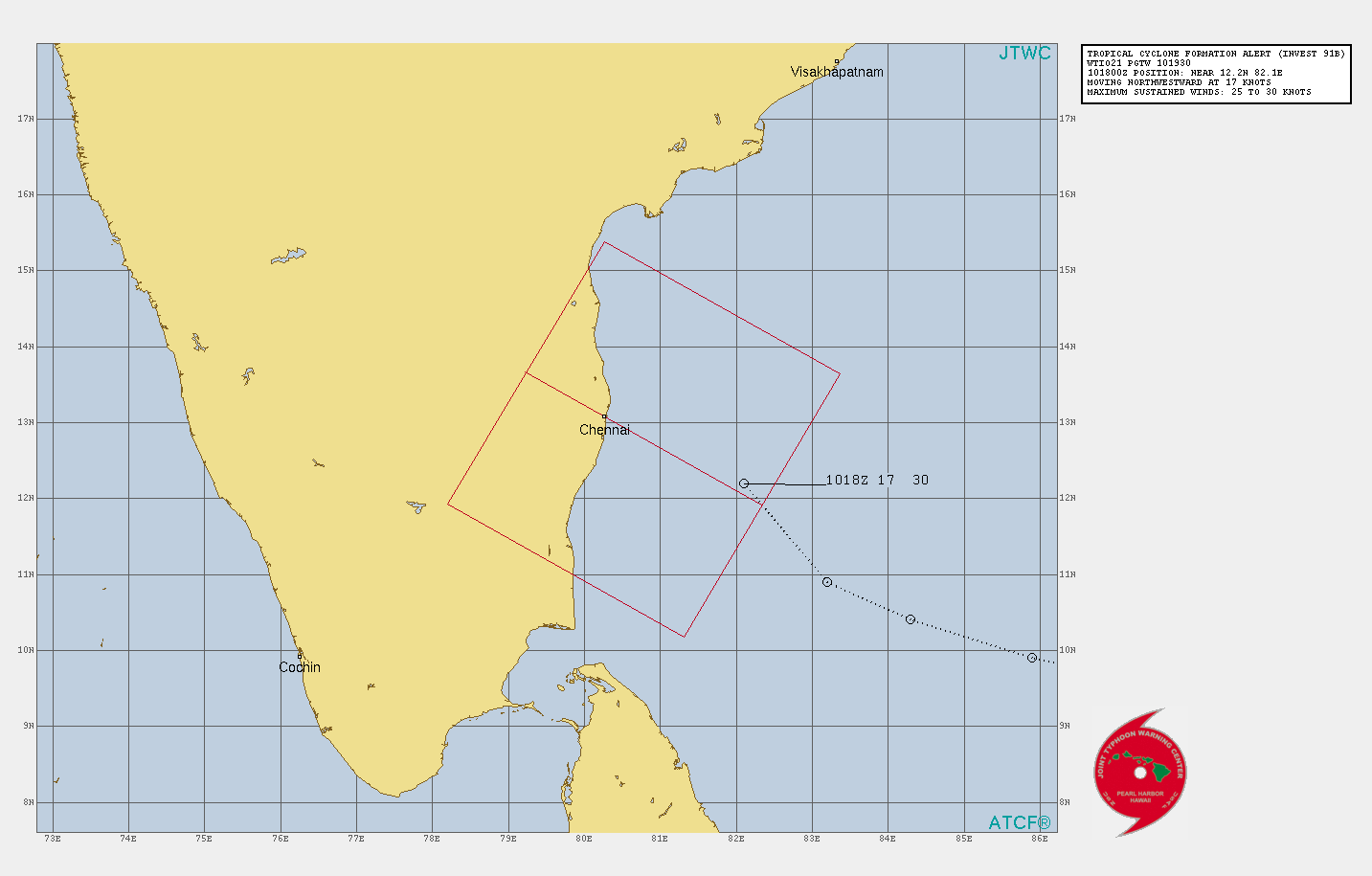 Bay of Bengal: Invest 91B is now HIGH, might reach 35knots prior to landfall in the next 24 hours, 10/2345utc