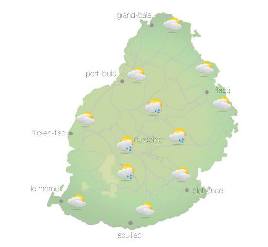 Bulletin prévision - Maurice  COMMUNIQUÉ DE LA MÉTÉO POUR MAURICE ÉMIS À 04H30 SAMEDI 13 NOVEMBRE 2021.   SITUATION GÉNÉRALE:  C'est un courant d'air léger à parfois modéré qui circule sur notre région.     PRÉVISIONS POUR LES PROCHAINES 24 HEURES:  Hormis quelques faibles ondées sur les hauteurs tôt le matin, le temps sera ensoleillé sur l'ensemble de l'île au courant de la journée.  Néanmoins il y aura des développements nuageux dans l'après-midi surtout sur la partie Ouest de l'île et sur le plateau central. Cela pourrait occasionner quelques faibles précipitations localisées.     La température maximale variera entre 26 et 28 degrés Celsius sur les terrains élevés et entre 30 et 33 degrés Celsius sur le littoral.     Le ciel s'éclaircira graduellement durant la nuit et il fera beau en général.     La température minimale variera entre 18 et 21 degrés Celsius sur les hauteurs et entre 22 et 24 degrés Celsius sur les régions côtières.     Vent du secteur Est, soufflant de 10 à 20 km/h.     Mer agitée au-delà des récifs avec des houles du Sud-Ouest de l'ordre de 1 mètre 50.     Marées Hautes : 10h50 et 22h33. Marées Basses : 17h07 et demain 04h32.     Lever du soleil     : 05h22.  Coucher du soleil : 18h25.     La pression atmosphérique à 04h00 : 1017 hectoPascals. Bulletin prévision - Maurice  COMMUNIQUÉ DE LA MÉTÉO POUR MAURICE ÉMIS À 04H30 SAMEDI 13 NOVEMBRE 2021.   SITUATION GÉNÉRALE:  C'est un courant d'air léger à parfois modéré qui circule sur notre région.     PRÉVISIONS POUR LES PROCHAINES 24 HEURES:  Hormis quelques faibles ondées sur les hauteurs tôt le matin, le temps sera ensoleillé sur l'ensemble de l'île au courant de la journée.  Néanmoins il y aura des développements nuageux dans l'après-midi surtout sur la partie Ouest de l'île et sur le plateau central. Cela pourrait occasionner quelques faibles précipitations localisées.     La température maximale variera entre 26 et 28 degrés Celsius sur les terrains élevés et entre 30 et 33 degrés Celsius sur le littoral.     Le ciel s'éclaircira graduellement durant la nuit et il fera beau en général.     La température minimale variera entre 18 et 21 degrés Celsius sur les hauteurs et entre 22 et 24 degrés Celsius sur les régions côtières.     Vent du secteur Est, soufflant de 10 à 20 km/h.     Mer agitée au-delà des récifs avec des houles du Sud-Ouest de l'ordre de 1 mètre 50.     Marées Hautes : 10h50 et 22h33. Marées Basses : 17h07 et demain 04h32.     Lever du soleil     : 05h22.  Coucher du soleil : 18h25.     La pression atmosphérique à 04h00 : 1017 hectoPascals.