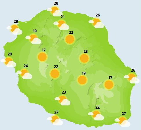 ILES SOEURS(MAURICE/RÉUNION): cartes détaillées de votre ciel pour ce Weekend + modèle températures+tendances semaine prochaine