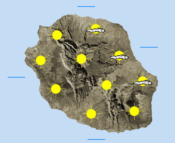 JOURNEE DU MARDI 16  Flux de Nord-Est faible à modéré, chaud et globalement sec.    Le soleil généreux dès le lever du jour sur la plupart des régions. Sur le littoral du Nord-Est, les rares entrées maritimes de la nuit fondent rapidement comme neige au soleil pour laisser un ciel bleu et bien lumineux. Au fil des heures, les nuages de pentes se réveillent mais se montrent discrets au Nord et plus présents sur les hauteurs de l'Ouest et du Sud, débordant ensuite vers le littoral entre le Port et Saint-Joseph en passant par Saint-Leu l'après-midi. Une petite averse peut faire acte de présence sur les hauteurs de l'Ouest. Elle sera cependant faible et de courte durée. Les autres régions littorales profitent d'un bon ensoleillement. Les sommets au dessus de 1400/1500 mètres restent dégagés et les cirques lumineux. Les températures restent au-dessus des moyennes de saison, notamment dans les hauts. Les valeurs maximales sont voisines de 30°C à Saint-Denis, 31°C sur les plages de l'Ouest,  27°C à Cilaos et 23 à 24°C au Volcan. Le vent de Nord-Est est modéré en Baie de la Possession et vers le Port avec des rafales de 50 à 55 km/h ainsi qu'au voisinage de Saint-Philippe où l'on attend aussi des pointes dépassant les 40 km/h. Les hauteurs exposées sont également concernées avec des rafales de 40 à 45 km/h comme au Maïdo par exemple.  La mer est peu agitée, agitée aux endroits ventés.